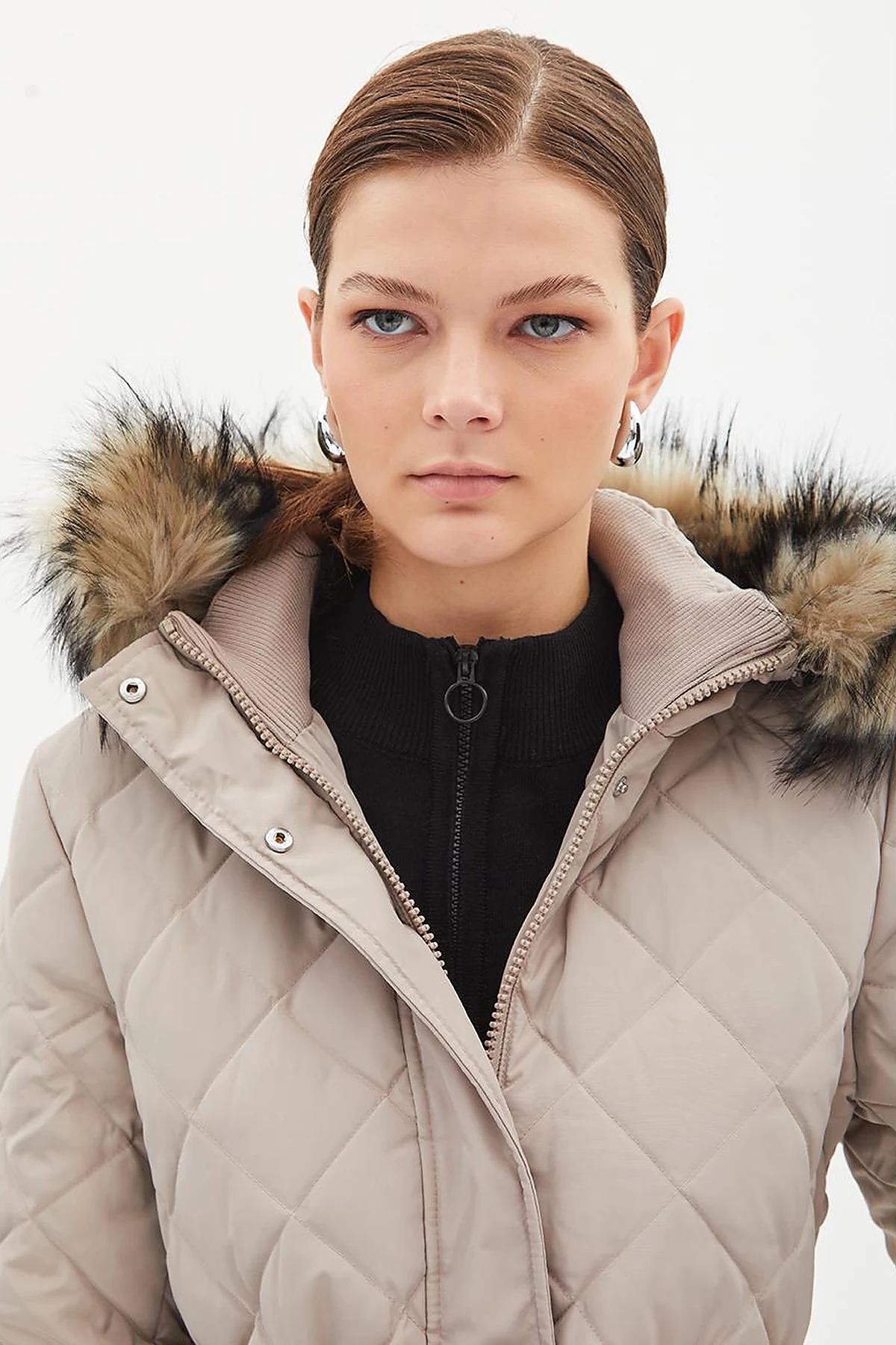 Diamond Patterned Faux Fur Goose Feather Coat Stone