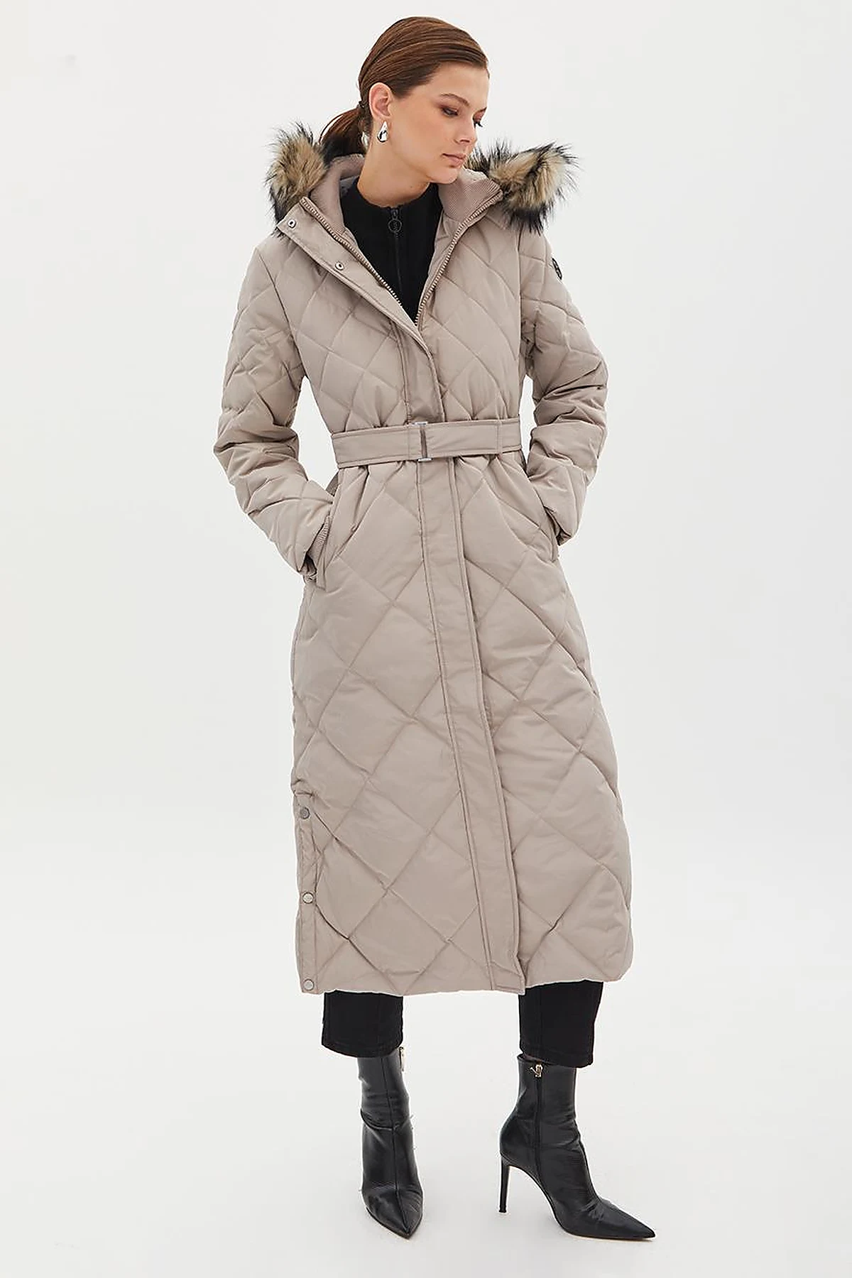 Diamond Patterned Faux Fur Goose Feather Coat Stone