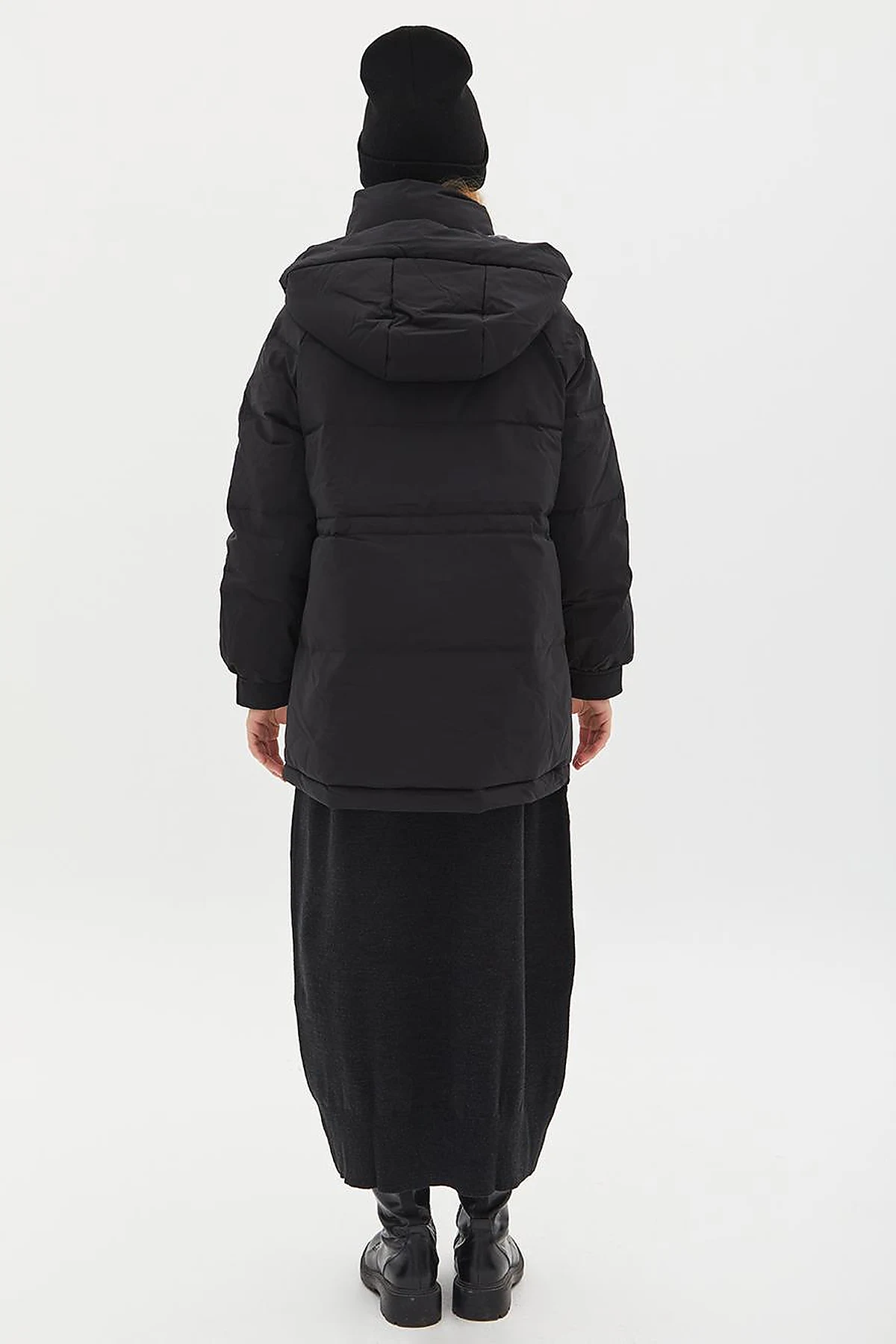 Pocket Detail Stand-up Collar Goose Feather Coat Black