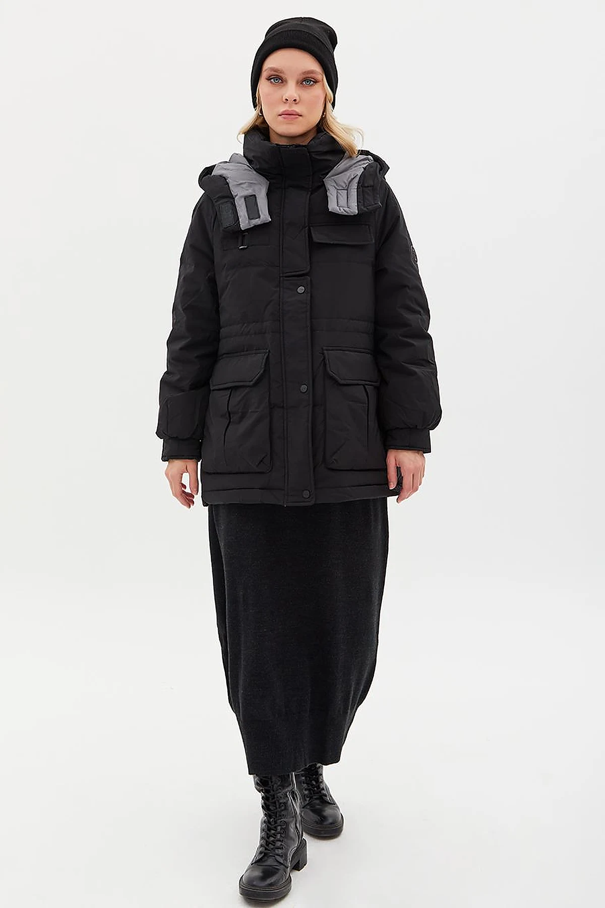 Pocket Detail Stand-up Collar Goose Feather Coat Black