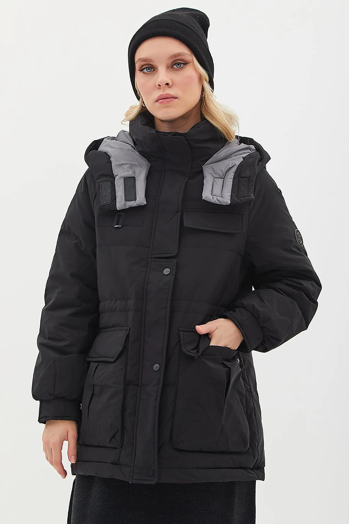 Pocket Detail Stand-up Collar Goose Feather Coat Black