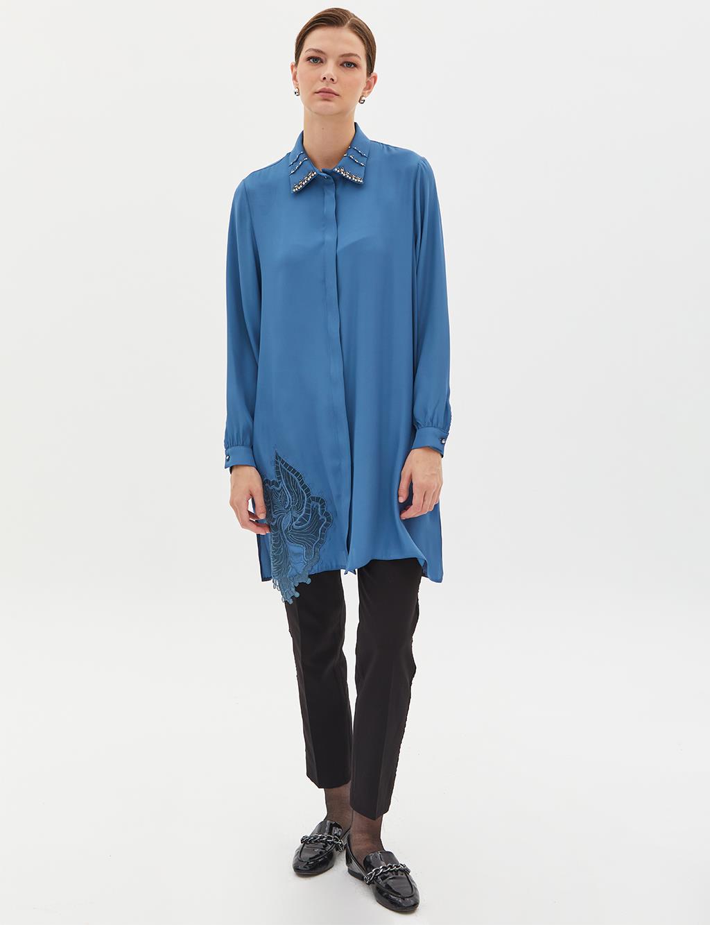 Embroidered Stone Detailed Satin Tunic Indigo