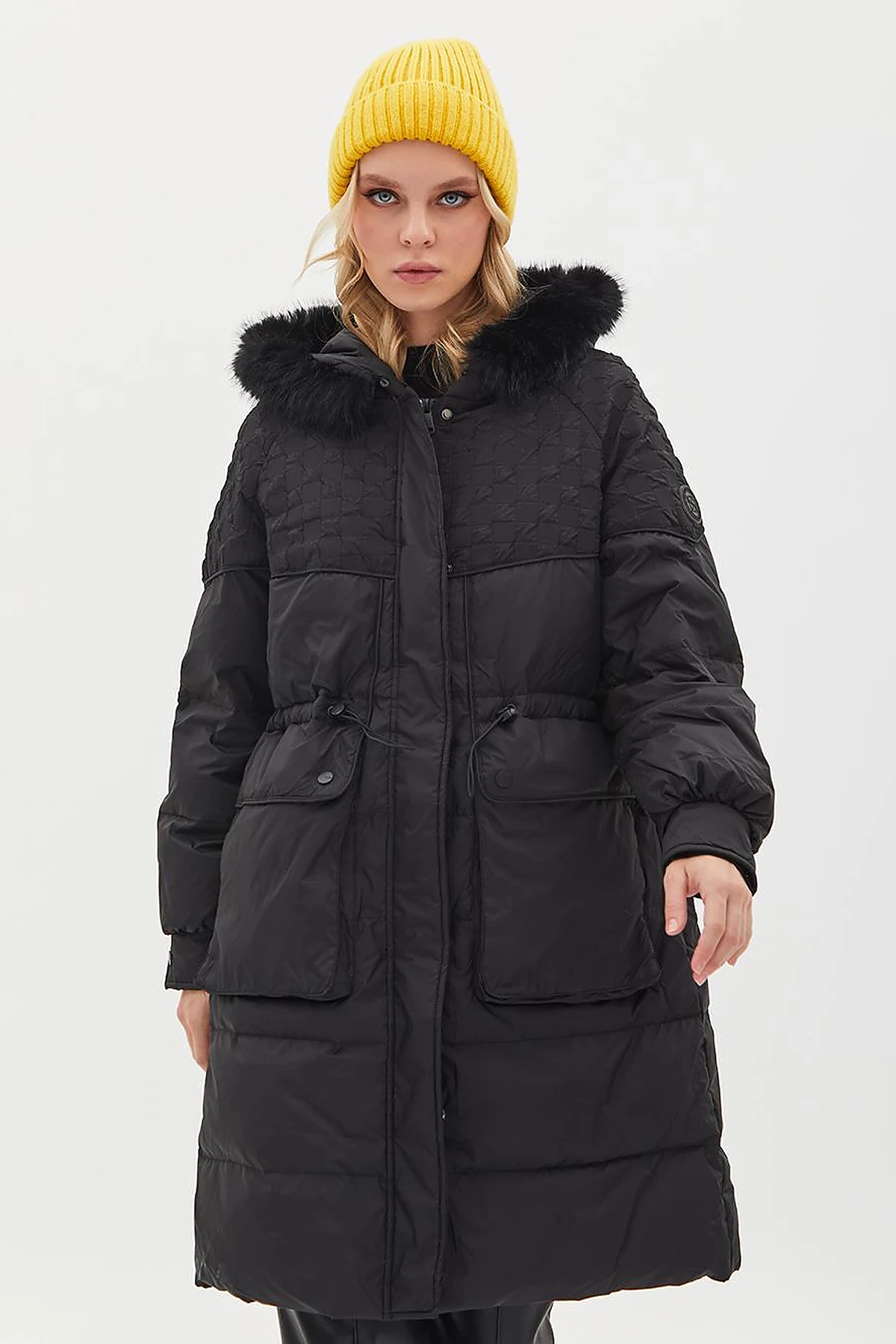 Faux Fur Fabric Garnished Goose Down Coat Black