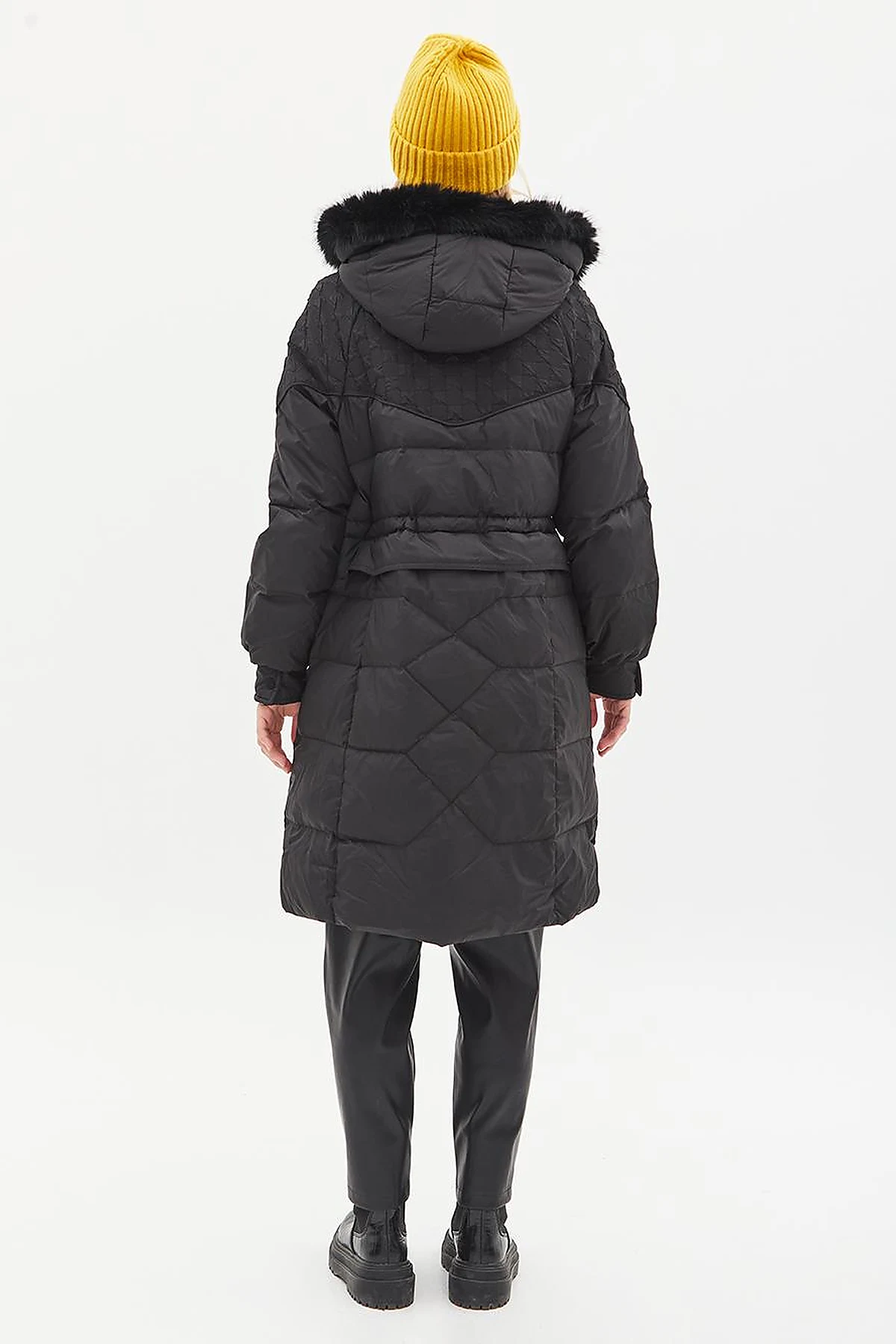 Faux Fur Fabric Garnished Goose Down Coat Black