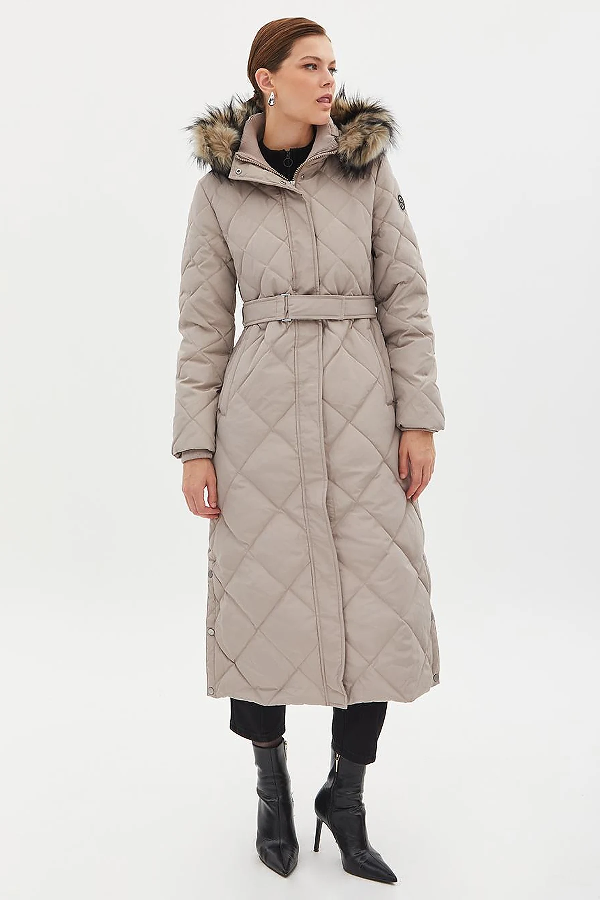 Diamond Patterned Faux Fur Goose Feather Coat Stone