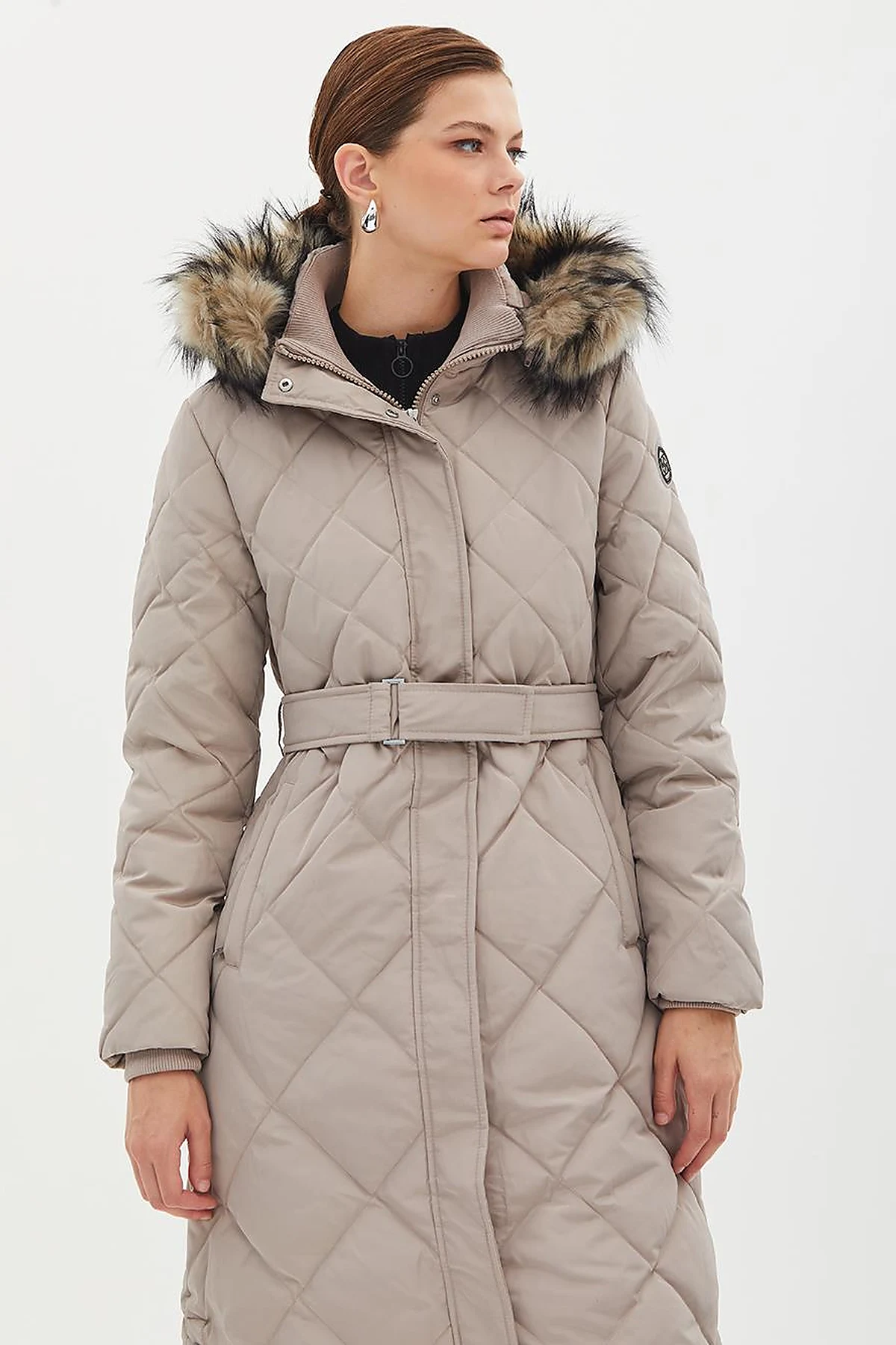 Diamond Patterned Faux Fur Goose Feather Coat Stone
