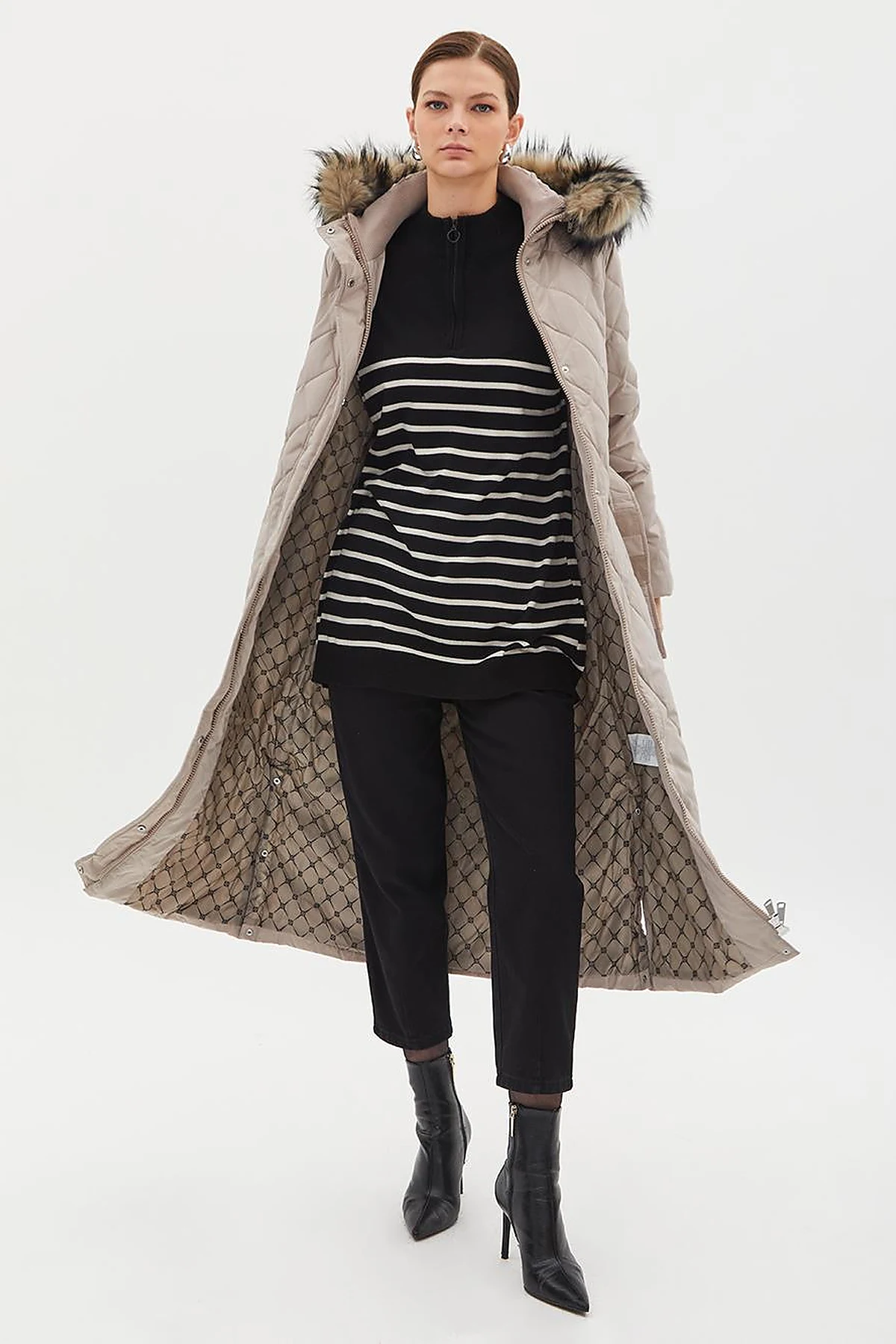 Diamond Patterned Faux Fur Goose Feather Coat Stone