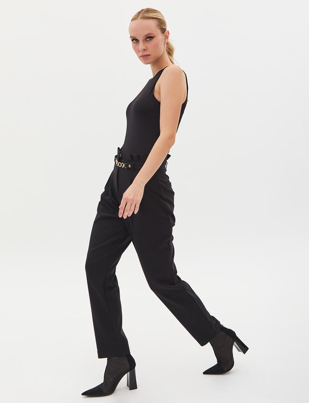 High Waist Chain Formed Pleated Trousers Black