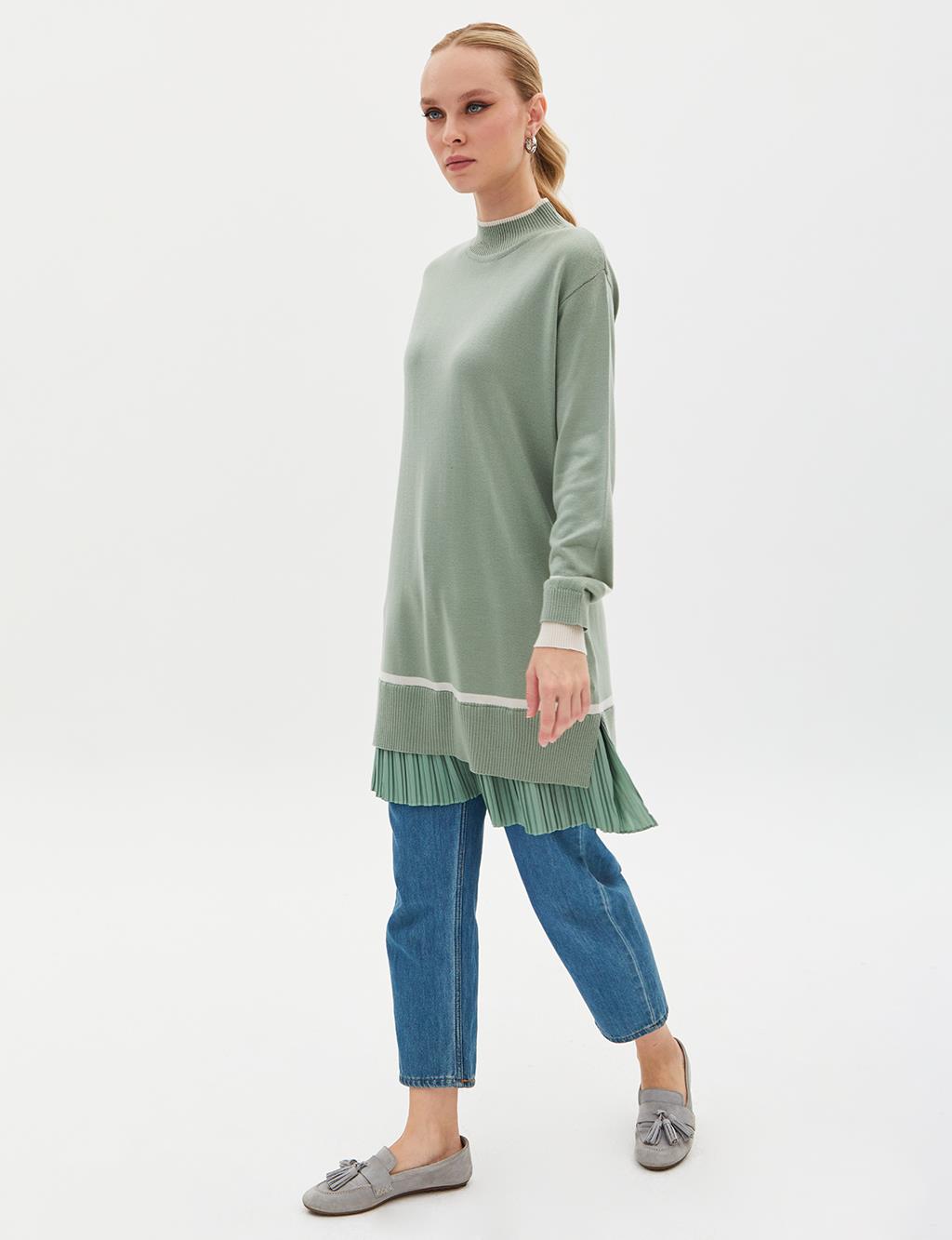 Layer Detailed Pleated Skirt Tunic Moss Green