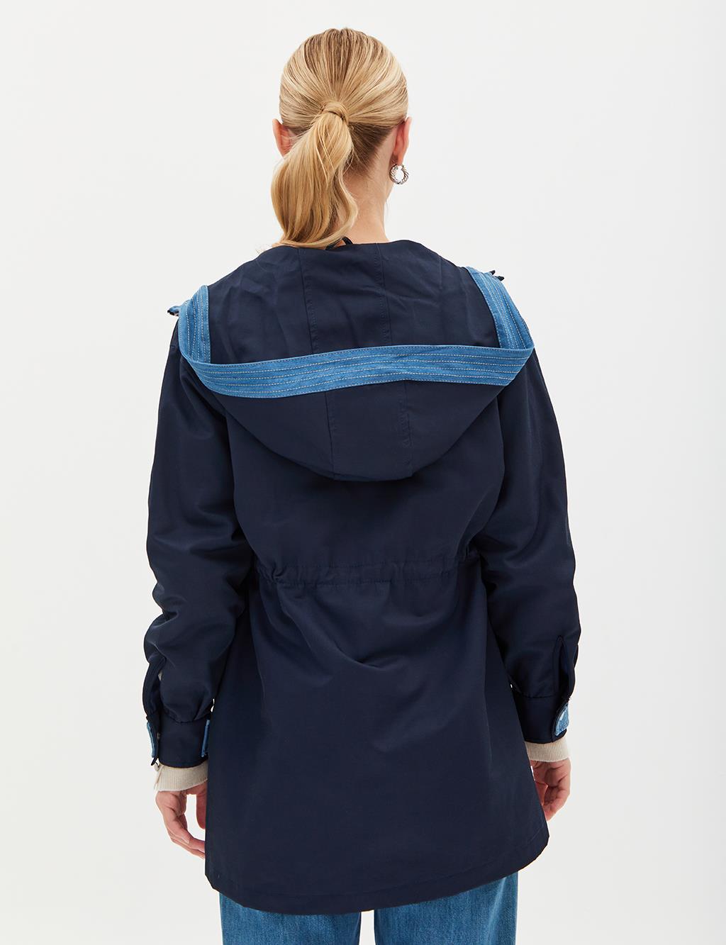 Denim Garnished Hooded Coat Dark Navy Blue