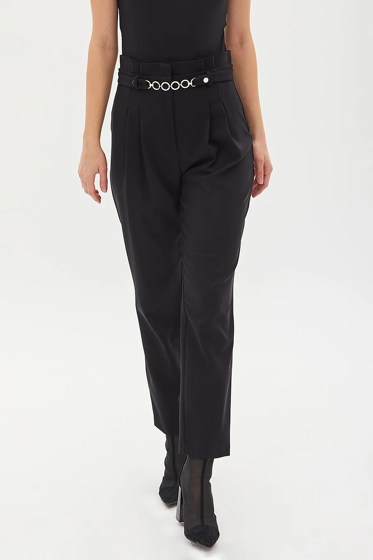 High Waist Chain Formed Pleated Trousers Black