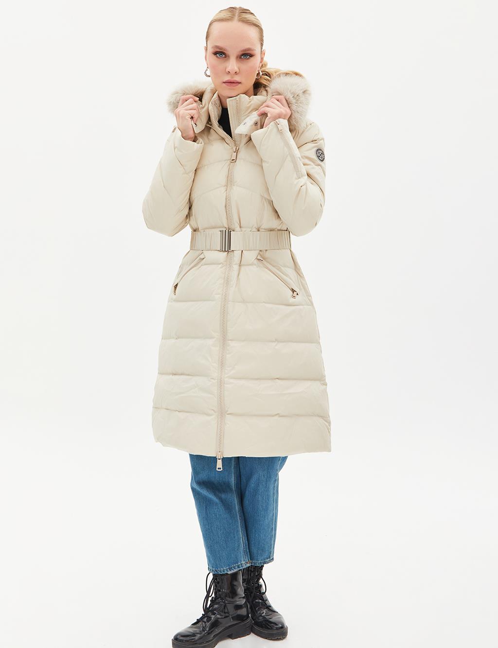 Removable Hooded Goose Down Coat Cream