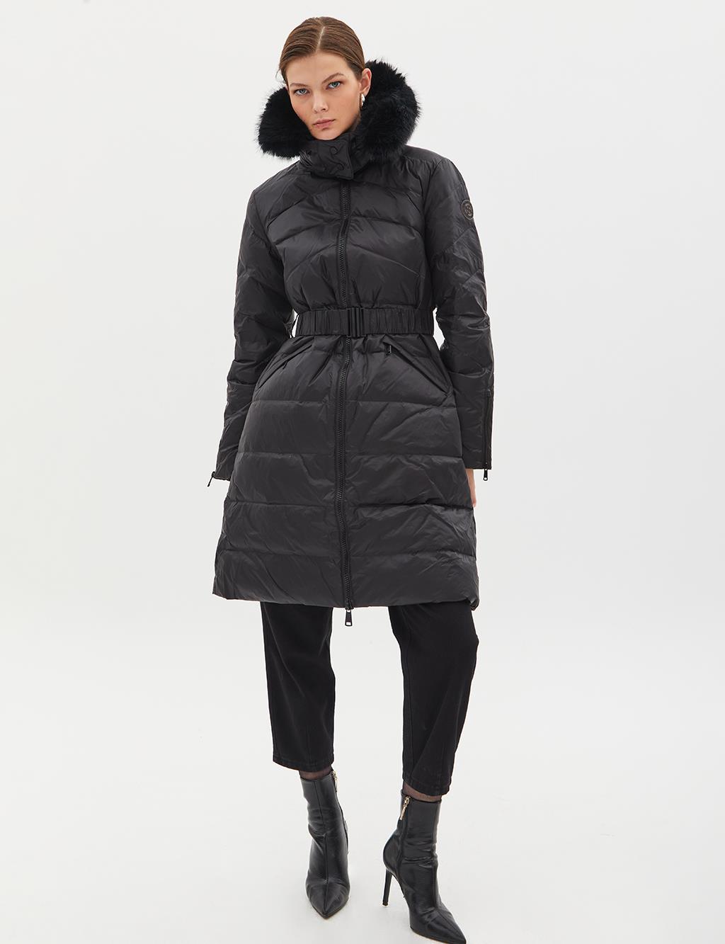 Removable Hooded Goose Down Coat Black