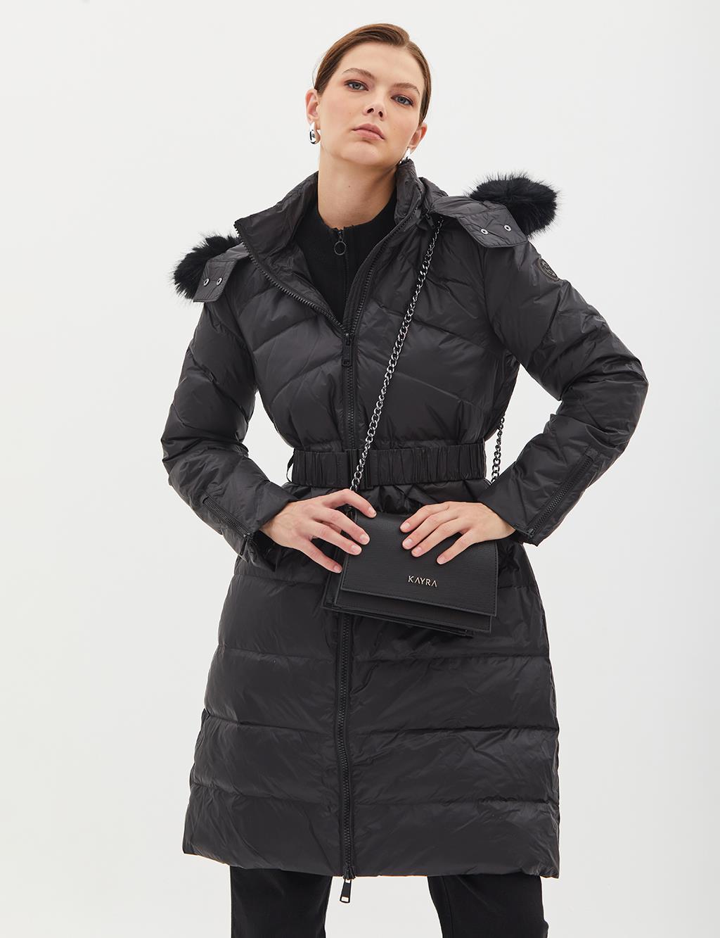 Removable Hooded Goose Down Coat Black
