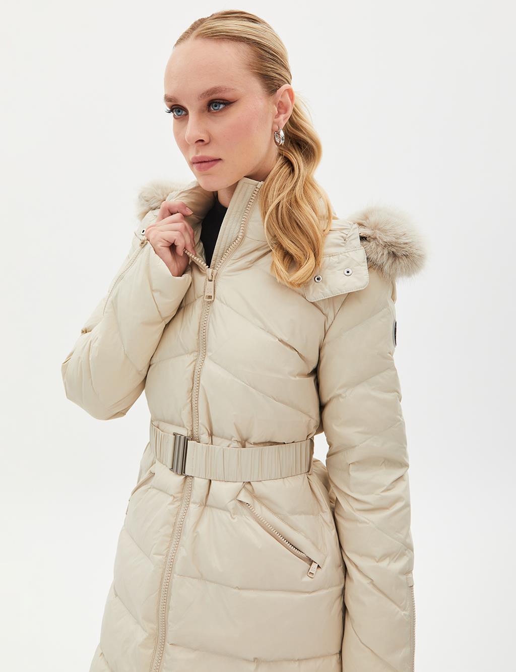 Removable Hooded Goose Down Coat Cream