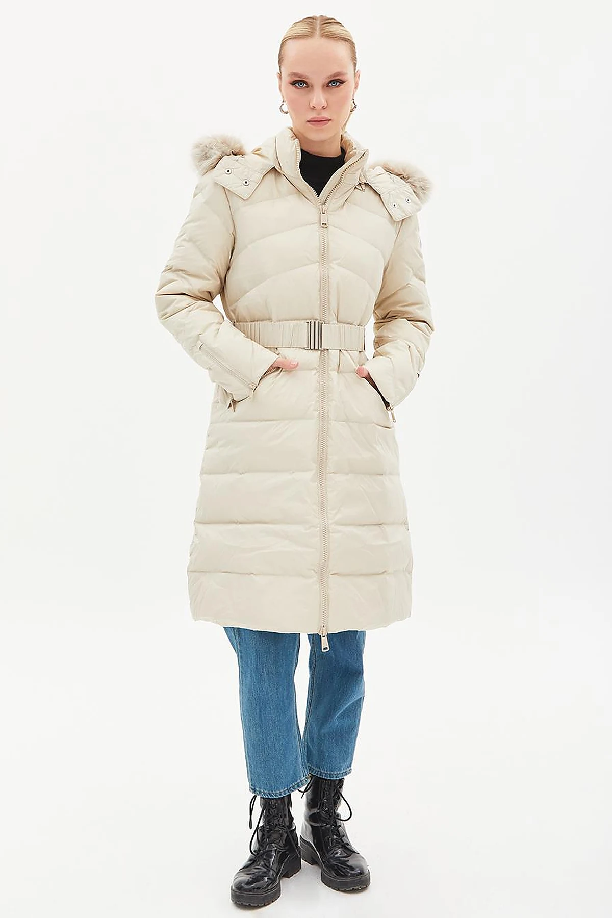 Removable Hooded Goose Down Coat Cream