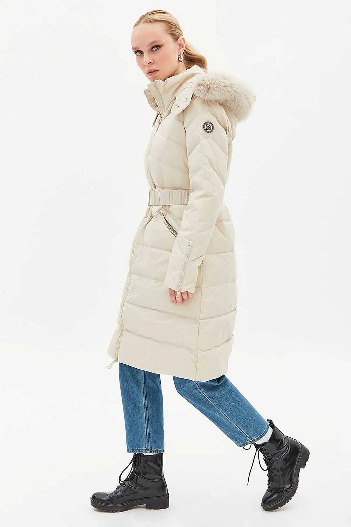 Removable Hooded Goose Down Coat Cream
