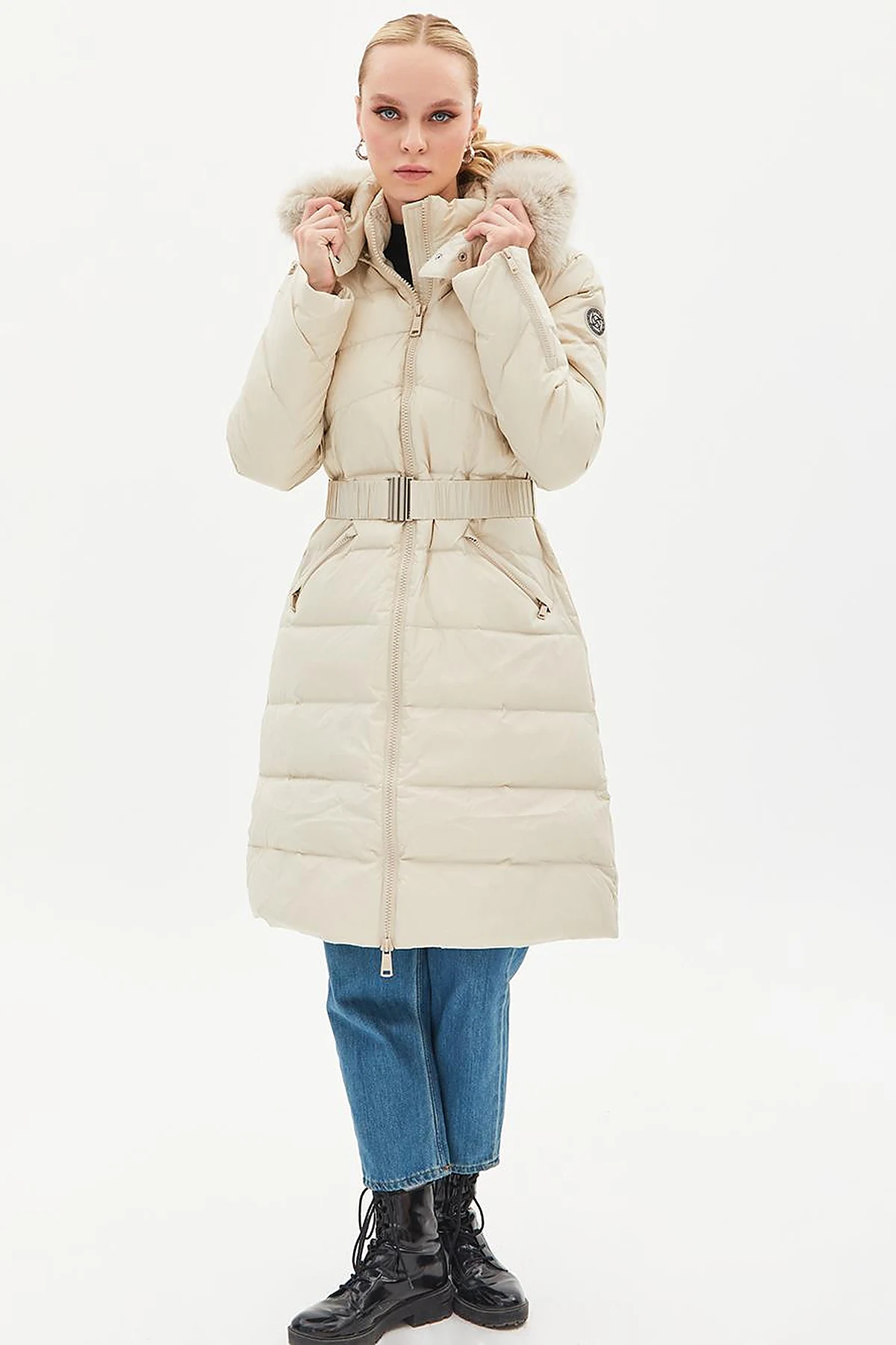 Removable Hooded Goose Down Coat Cream