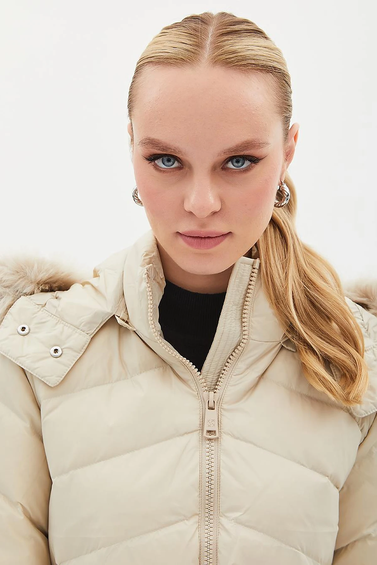 Removable Hooded Goose Down Coat Cream