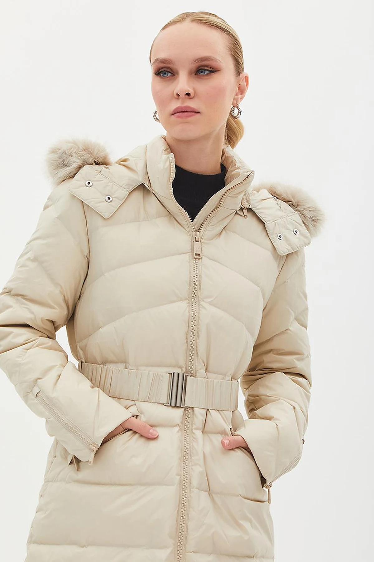 Removable Hooded Goose Down Coat Cream