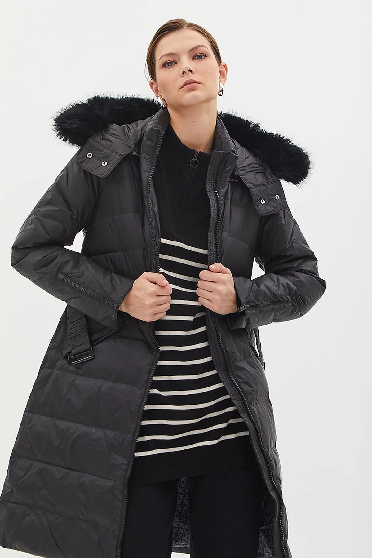 Removable Hooded Goose Down Coat Black