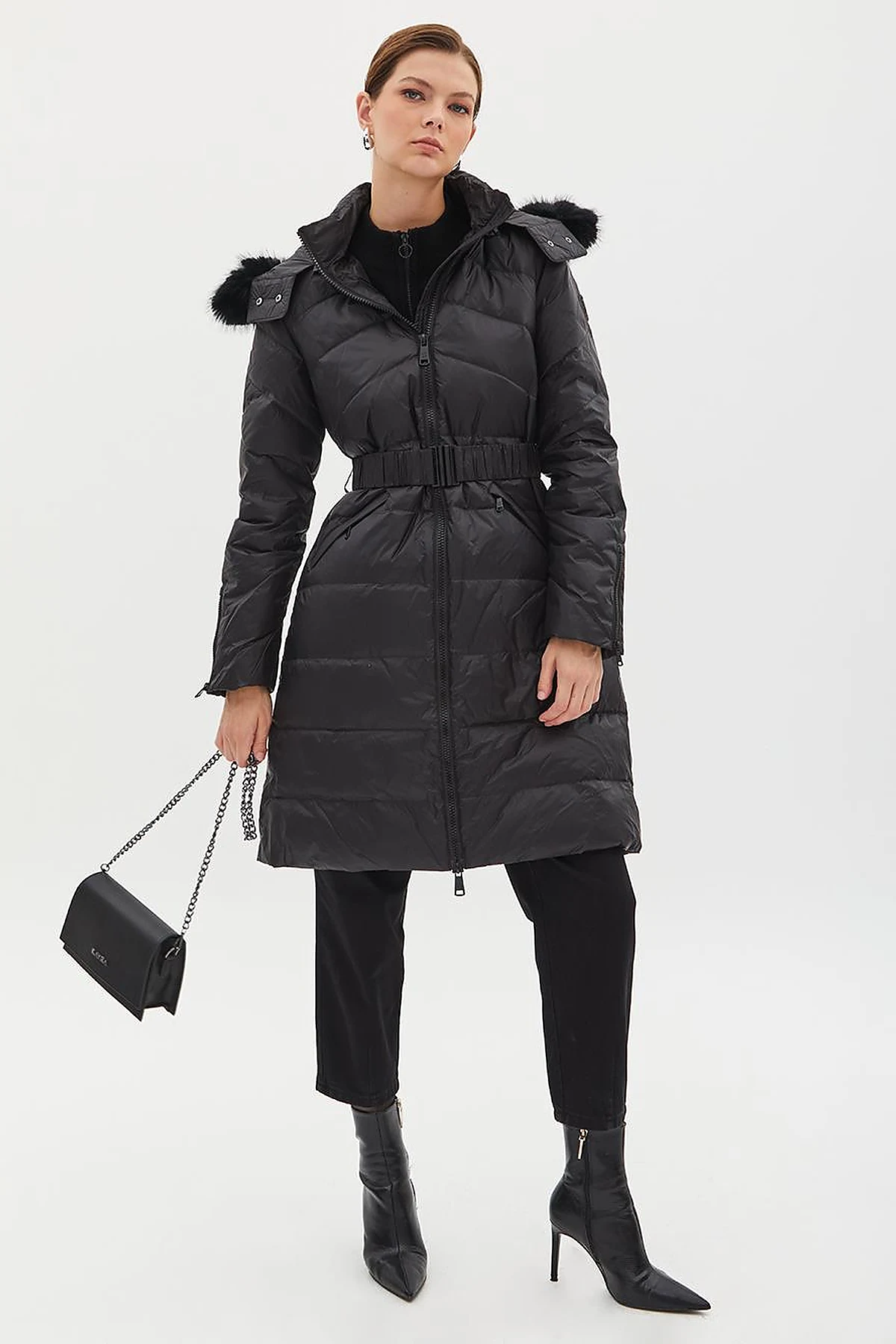 Removable Hooded Goose Down Coat Black
