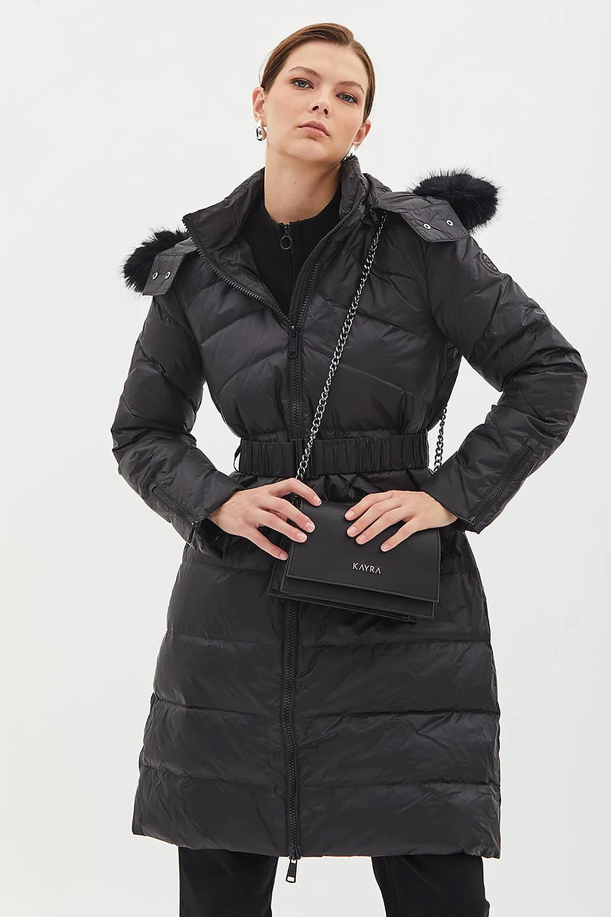 Removable Hooded Goose Down Coat Black