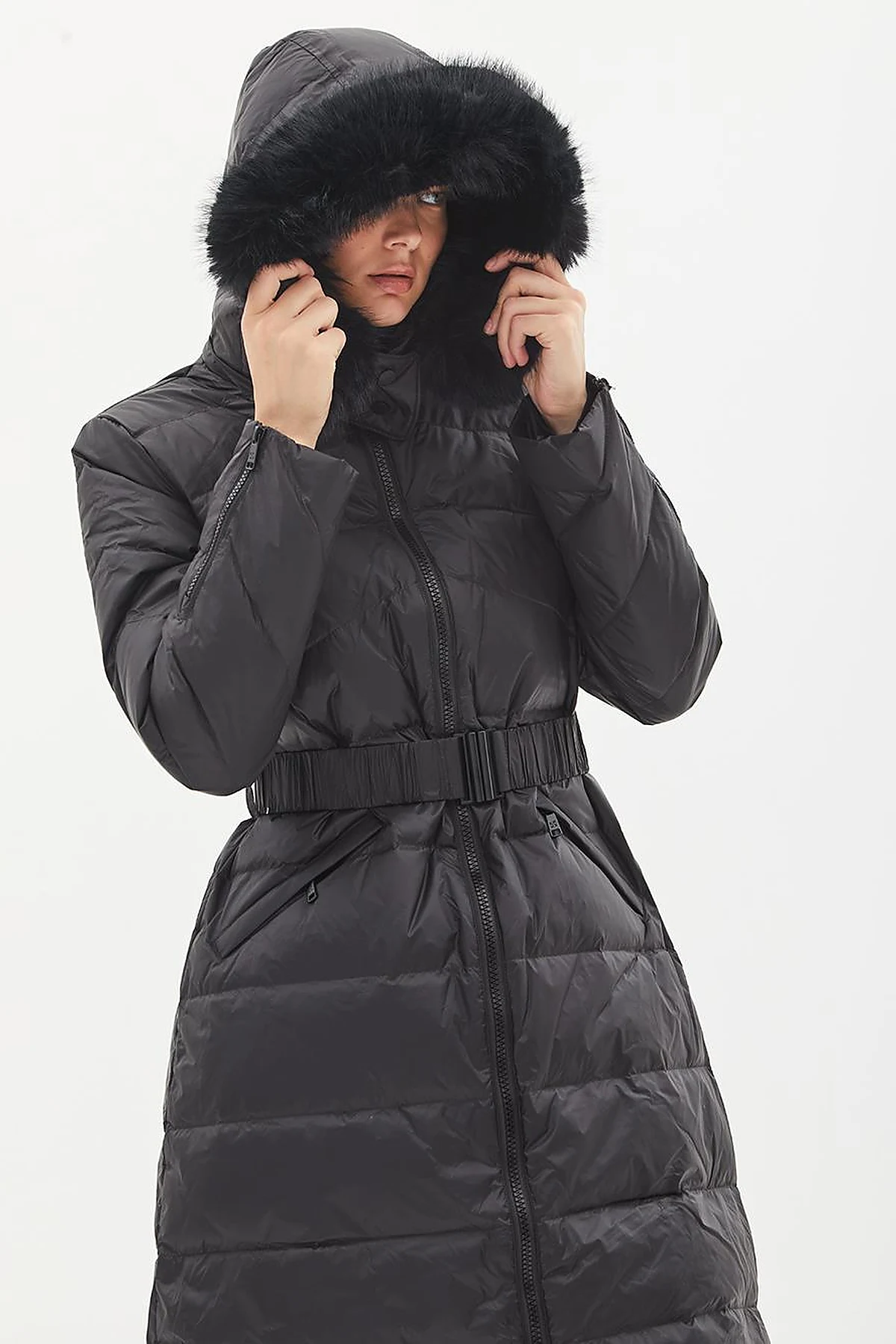 Removable Hooded Goose Down Coat Black