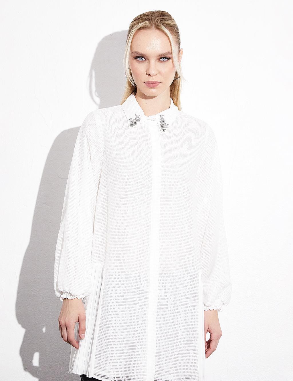 Abstract Patterned Pleated Tunic Optical White