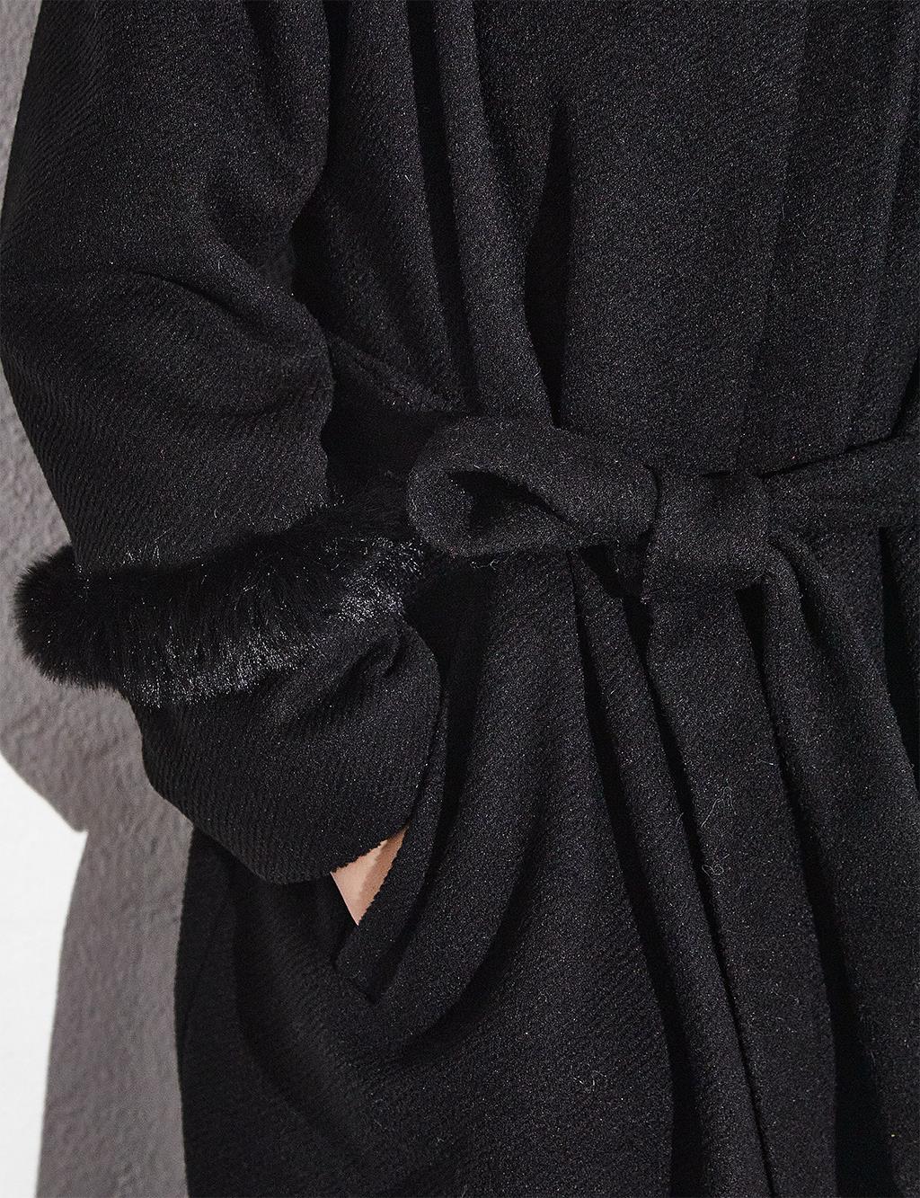 Faux Plush Detailed Coat Black