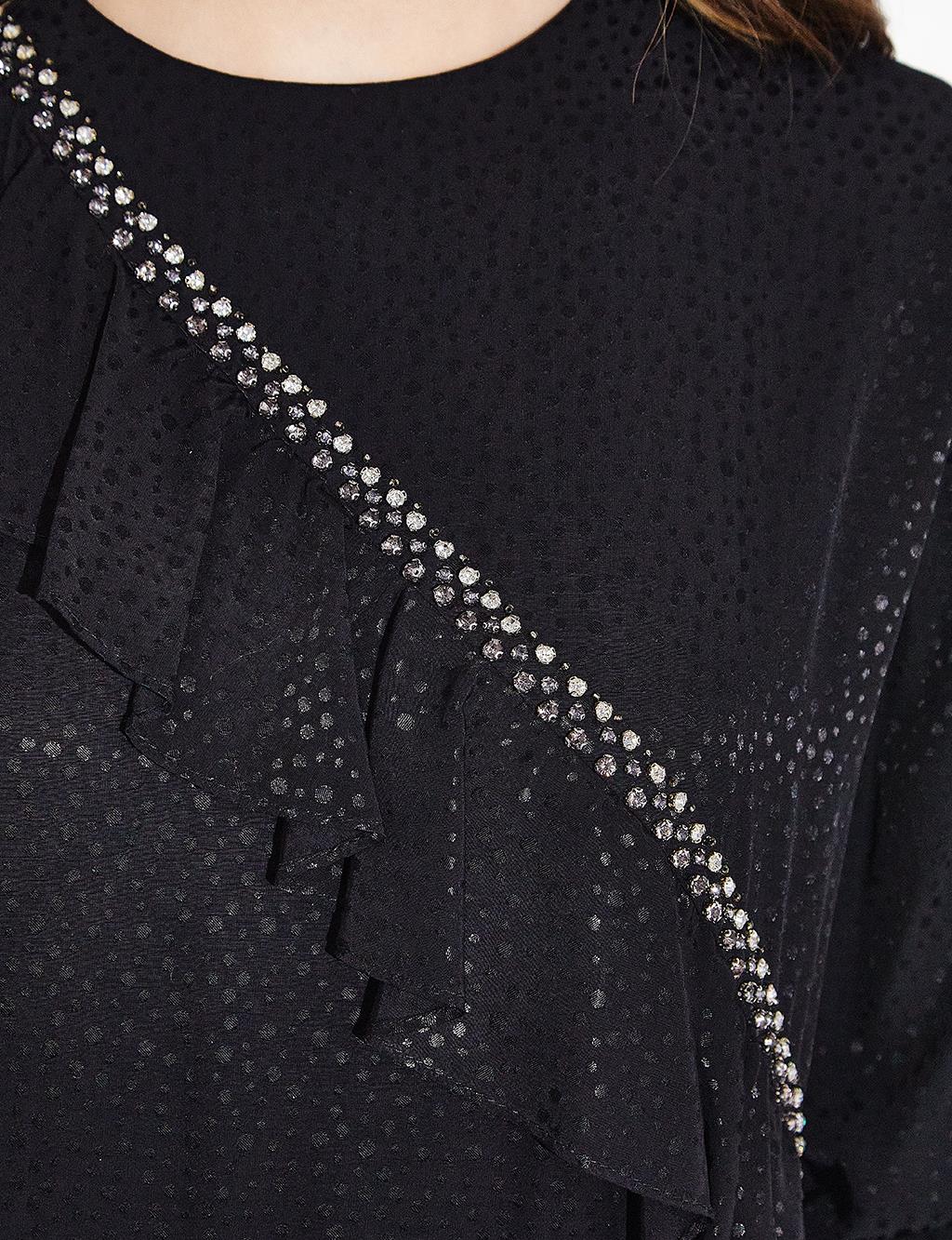 Jacquard Stone Detail Flounce Dress Black