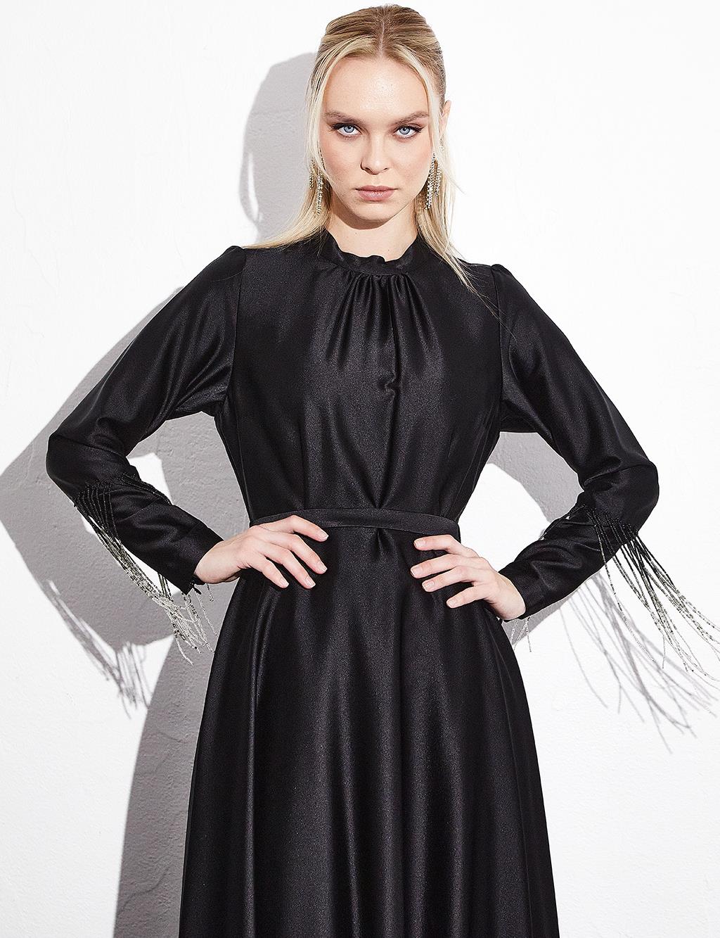 Belted Dress with Bead Detail on Wrists Black