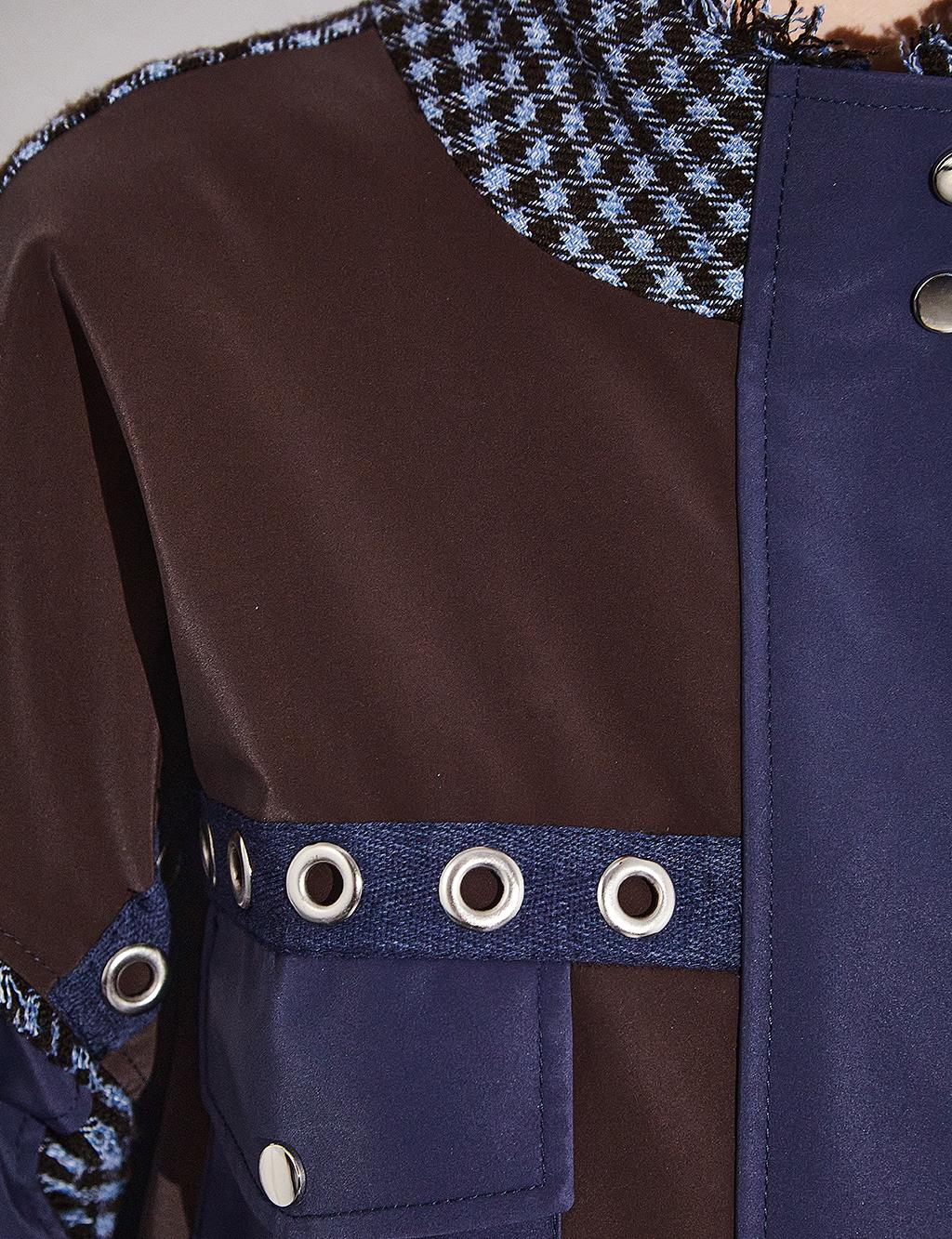 Fabric Mix High Collar Pocket Jacket Navy Blue