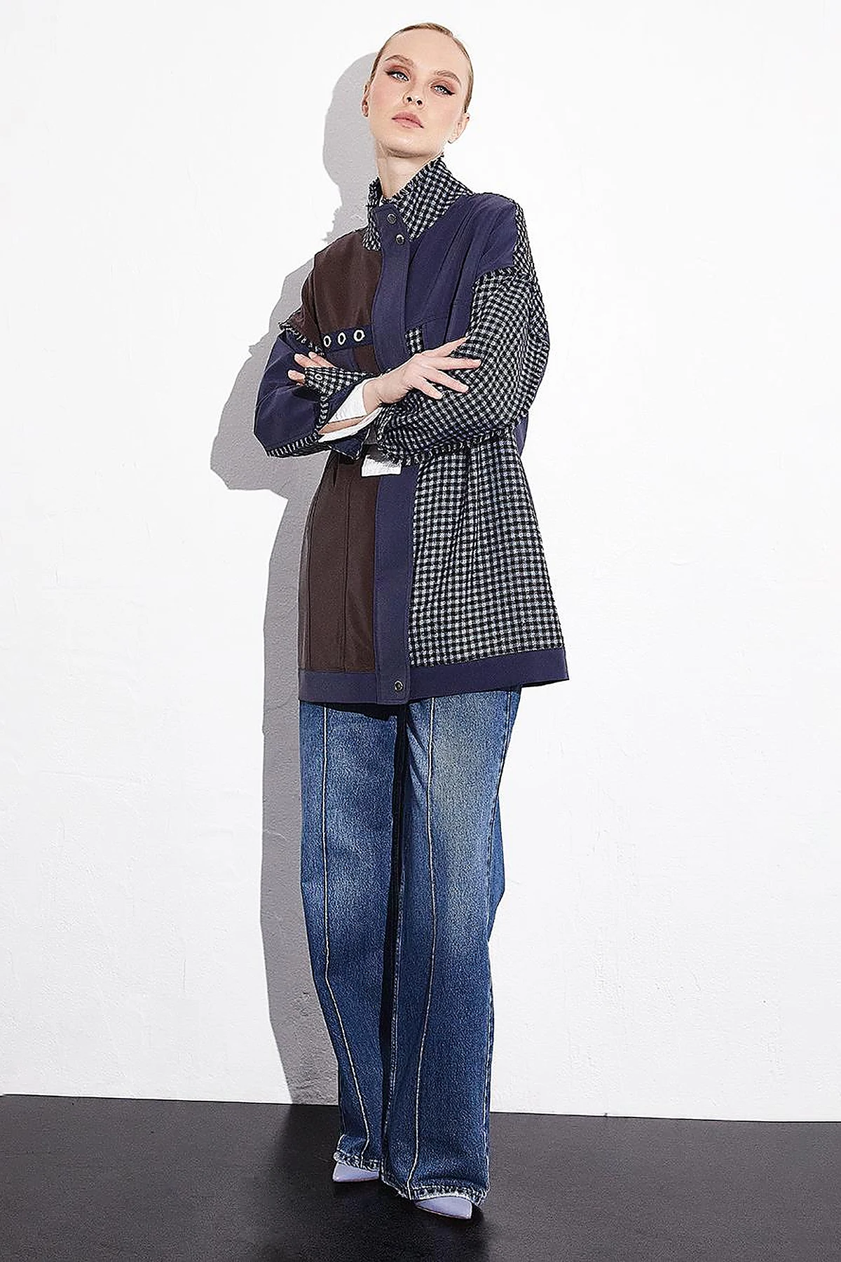 Fabric Mix High Collar Pocket Jacket Navy Blue