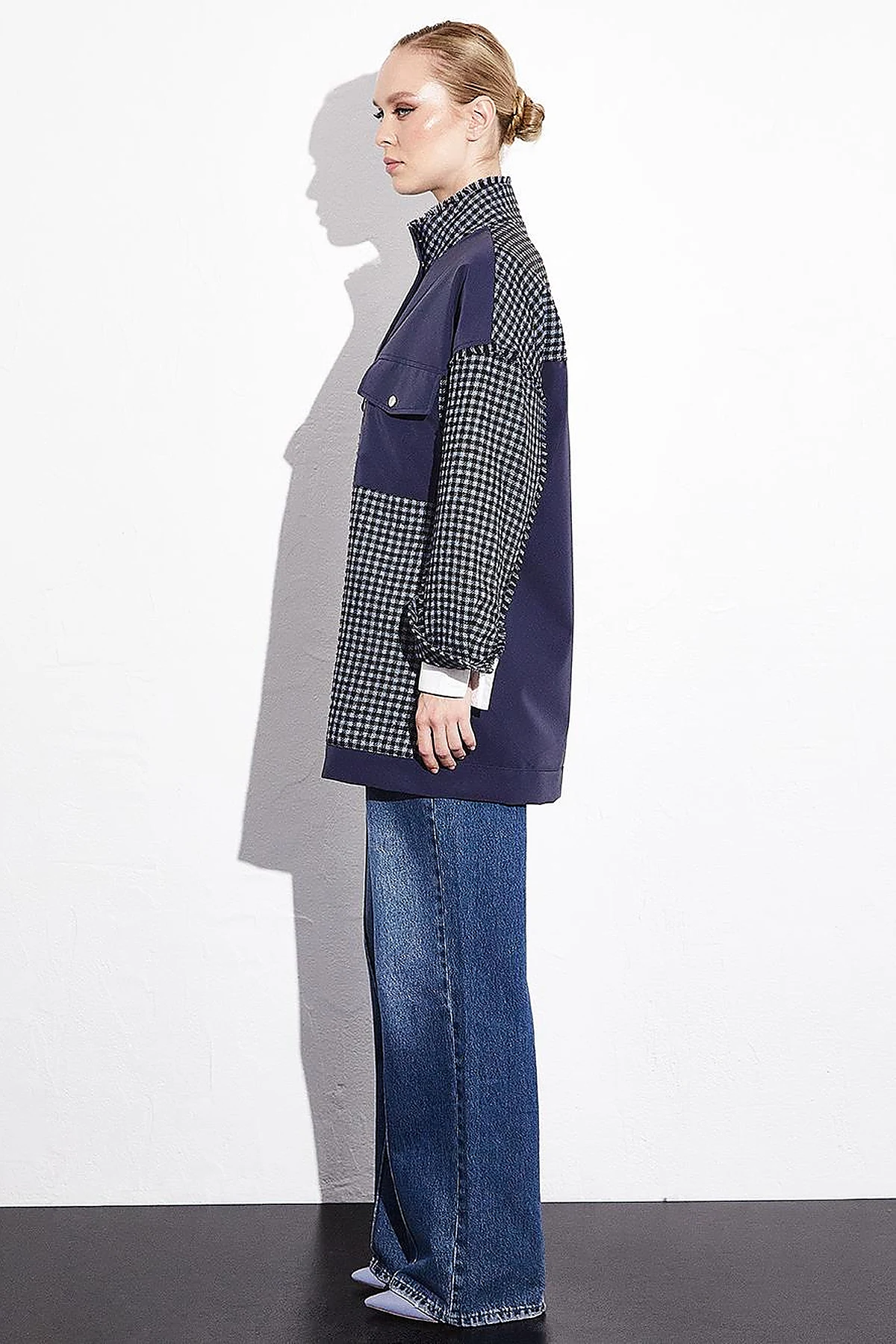 Fabric Mix High Collar Pocket Jacket Navy Blue