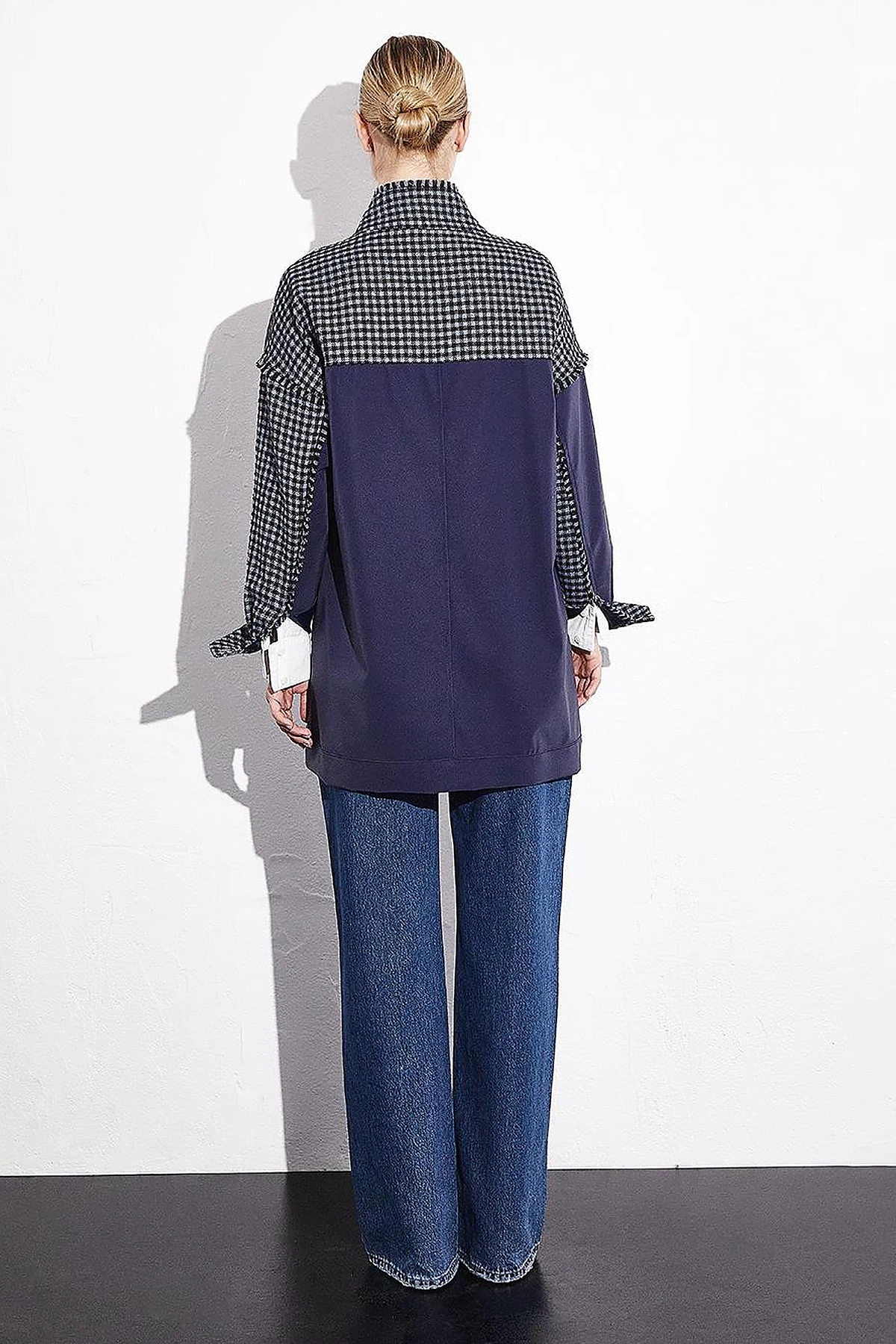 Fabric Mix High Collar Pocket Jacket Navy Blue