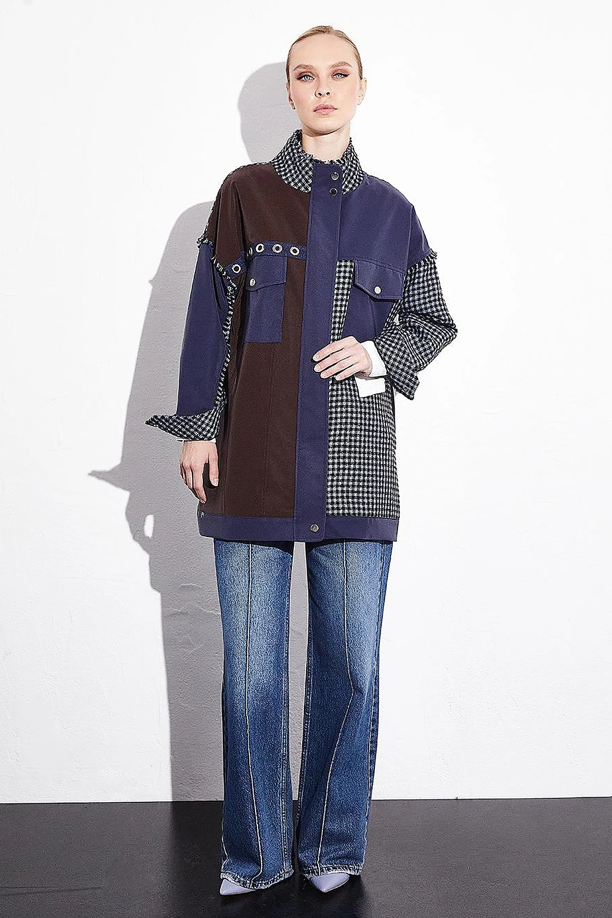 Fabric Mix High Collar Pocket Jacket Navy Blue
