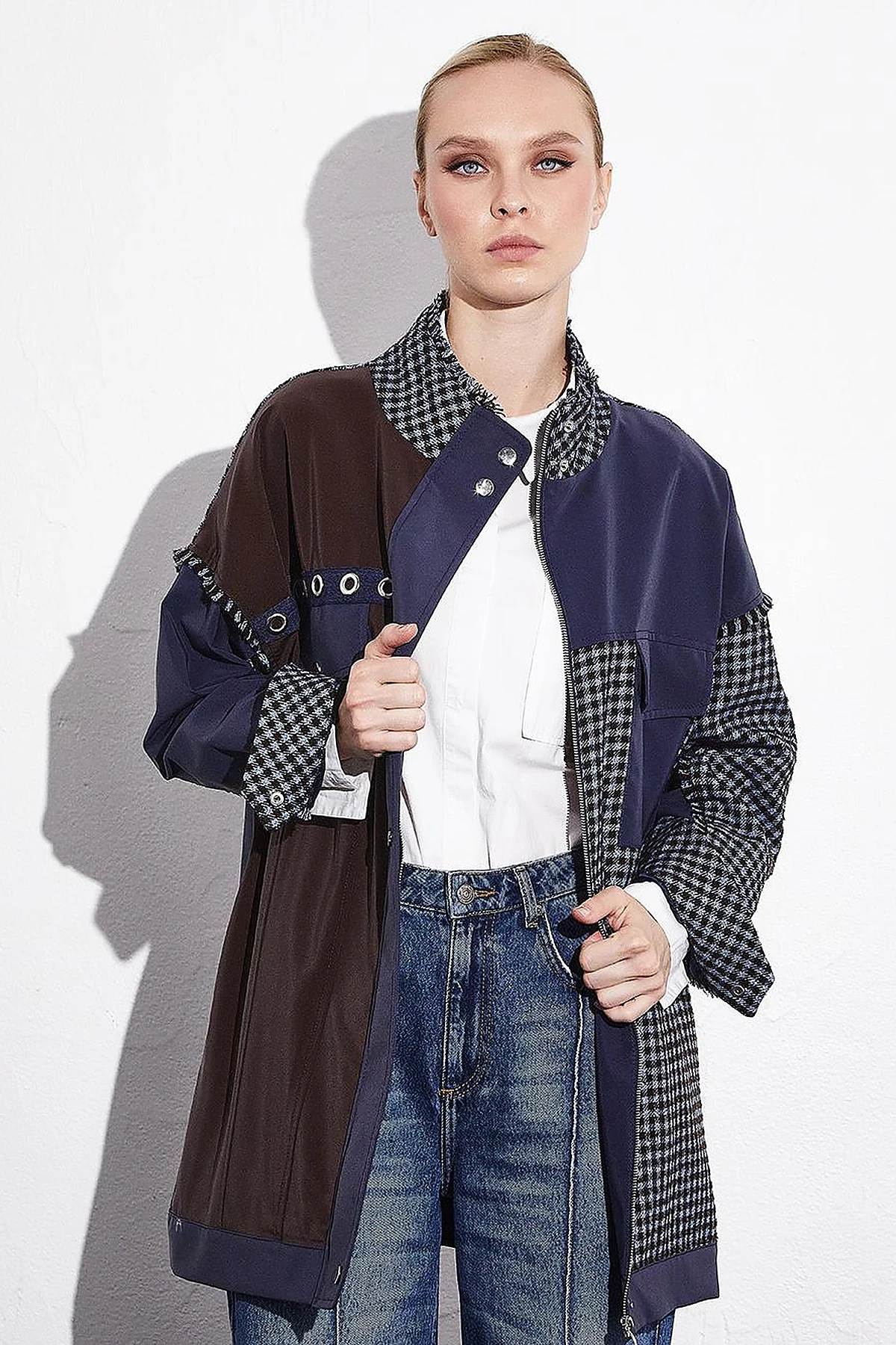 Fabric Mix High Collar Pocket Jacket Navy Blue