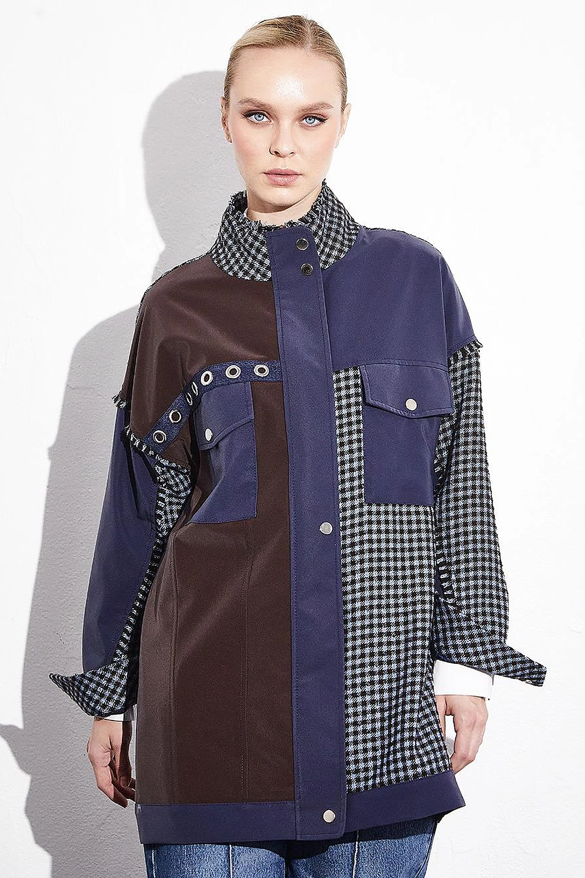 Fabric Mix High Collar Pocket Jacket Navy Blue