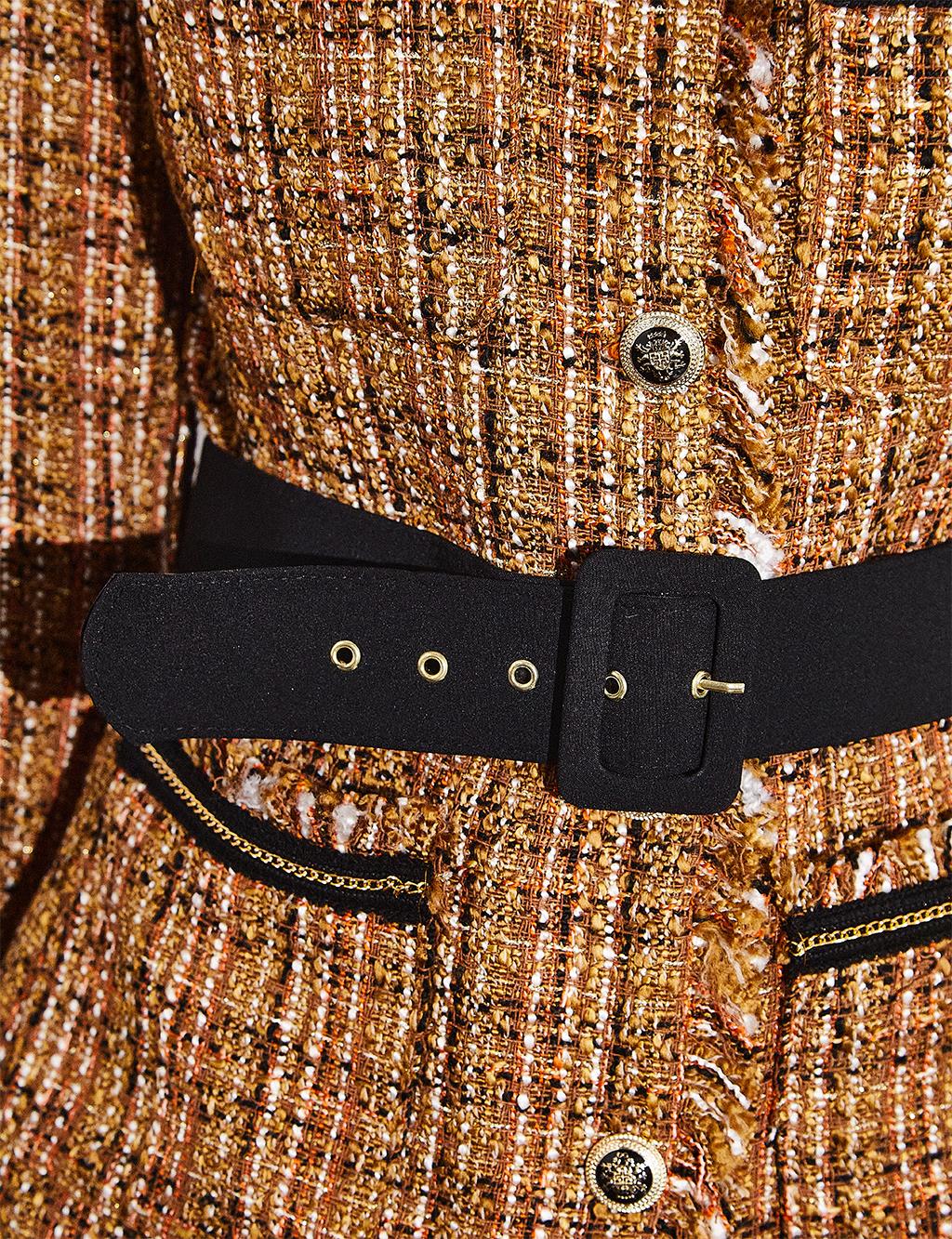 Buttoned Belted Tweed Jacket Beige