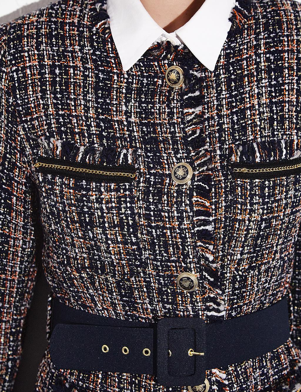 Buttoned Belted Tweed Jacket Navy Blue