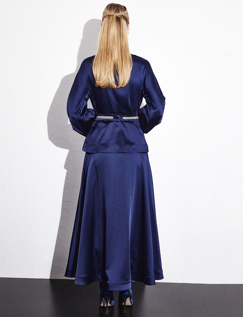 Satin Japone Sleeve Skirt Double Suit Navy Blue