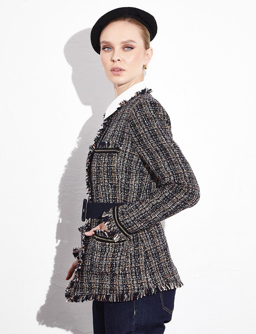 Buttoned Belted Tweed Jacket Navy Blue