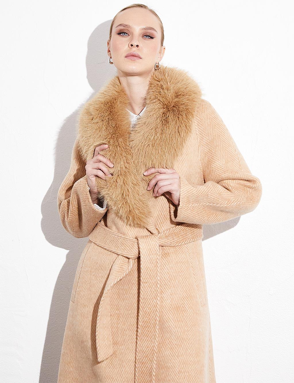 Premium Wool Fur Double Breasted Belted Coat Light Camel