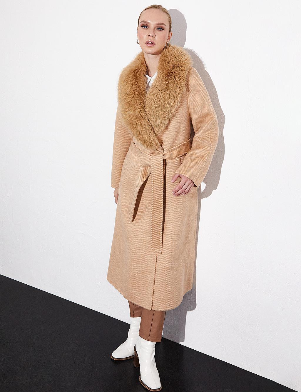 Premium Wool Fur Double Breasted Belted Coat Light Camel