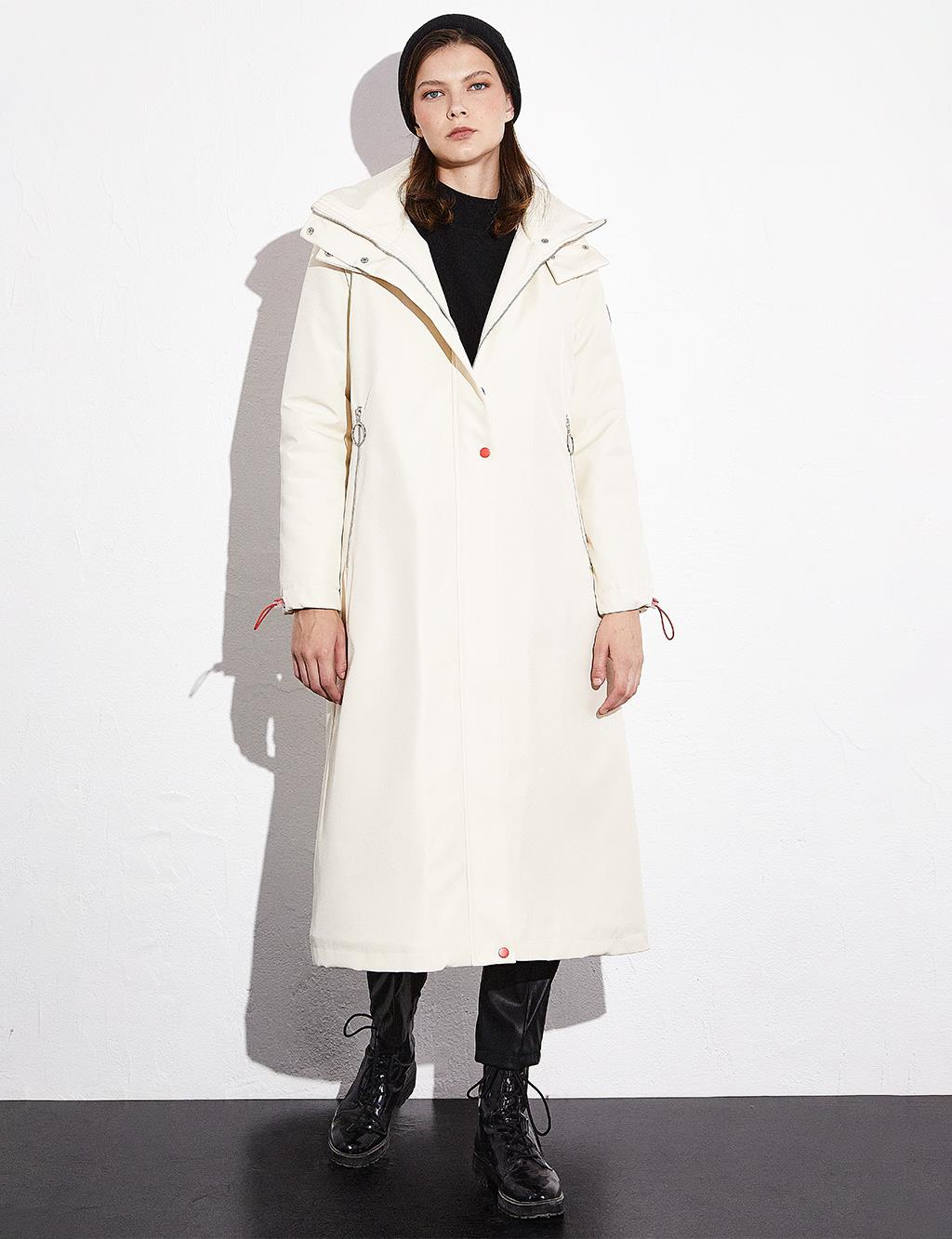 Hooded Stand-up Collar Coat Cream