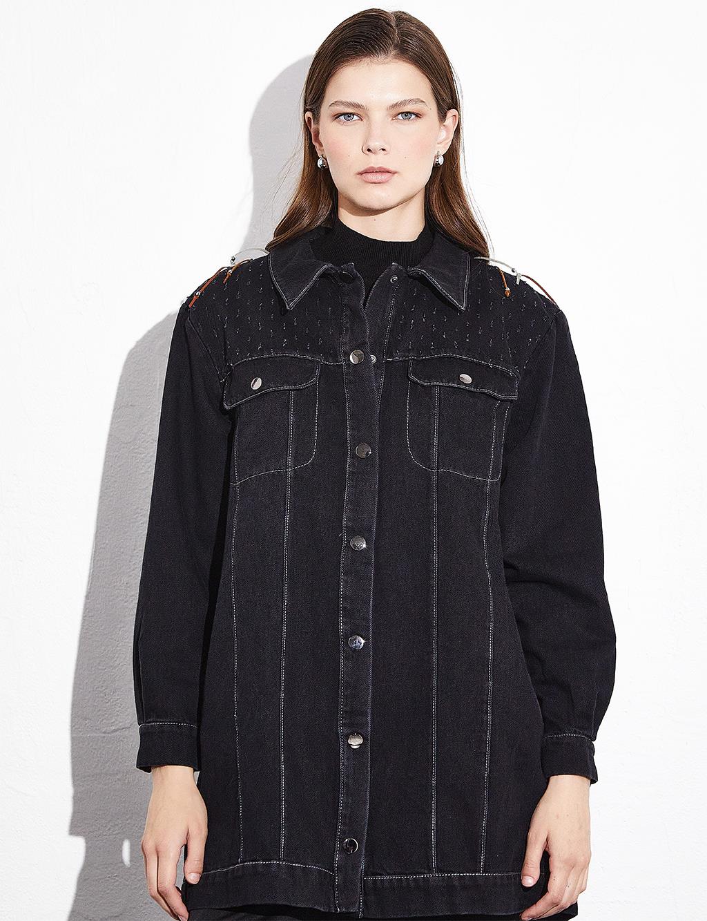 Buttoned Shirt Collar Jacket Black