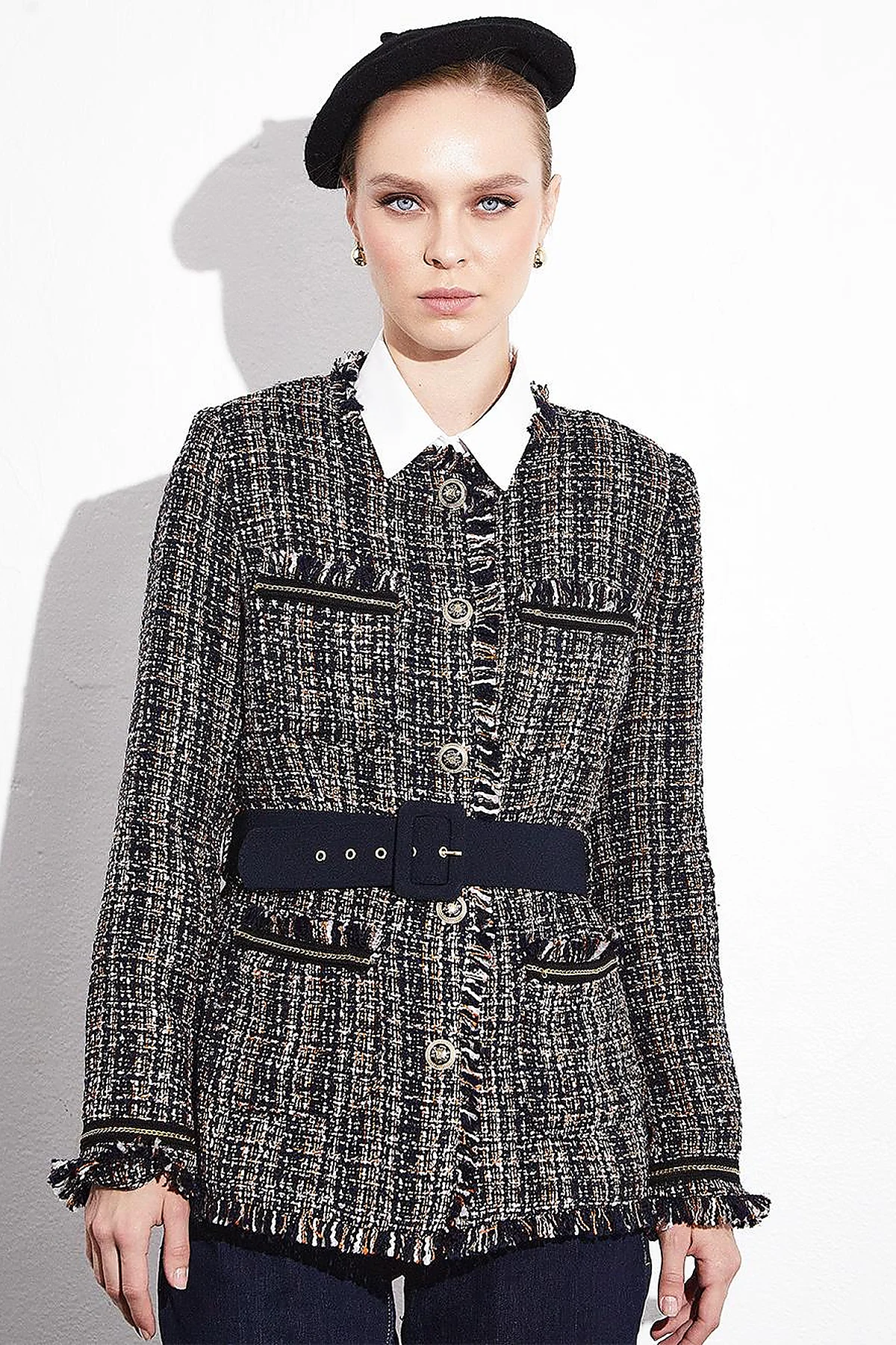 Buttoned Belted Tweed Jacket Navy Blue