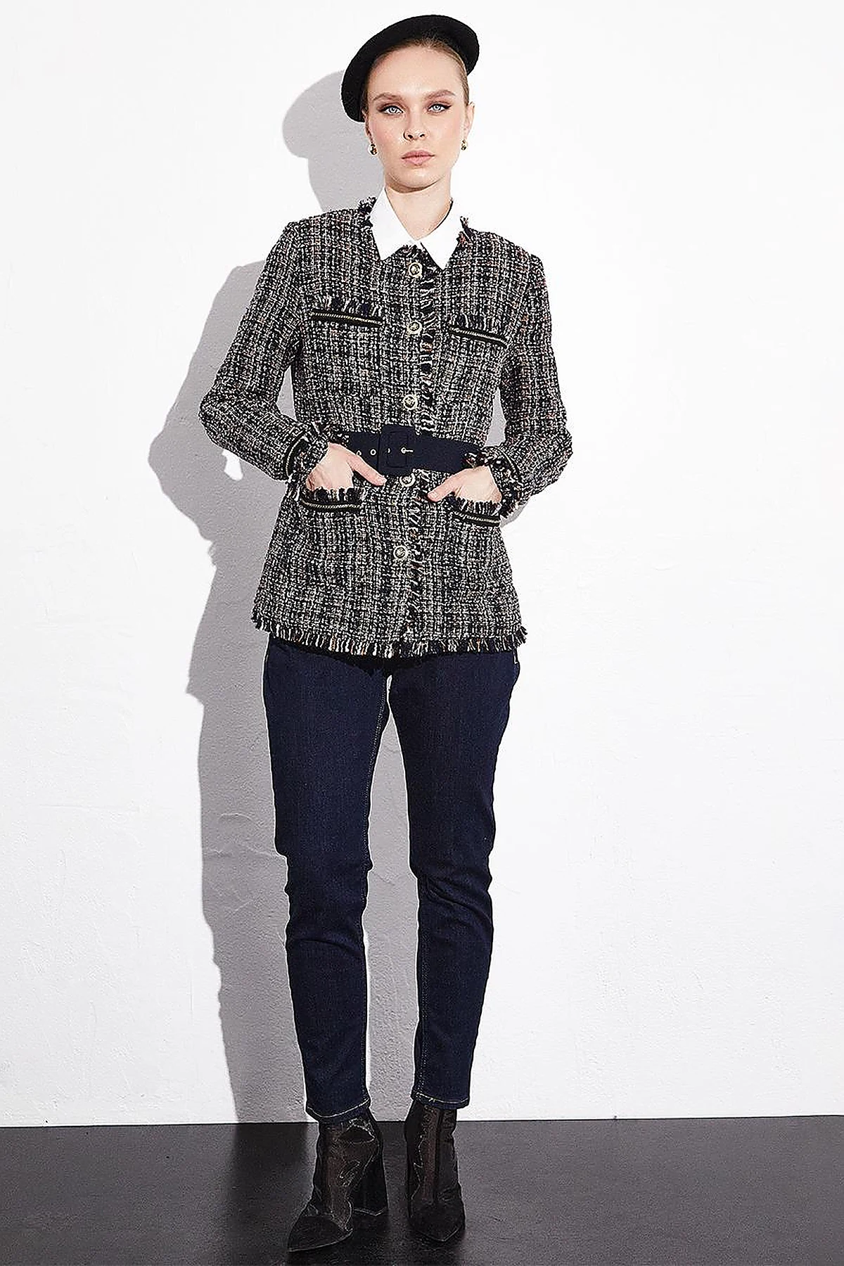 Buttoned Belted Tweed Jacket Navy Blue
