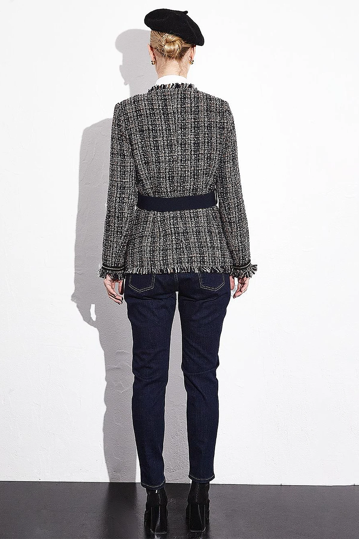 Buttoned Belted Tweed Jacket Navy Blue